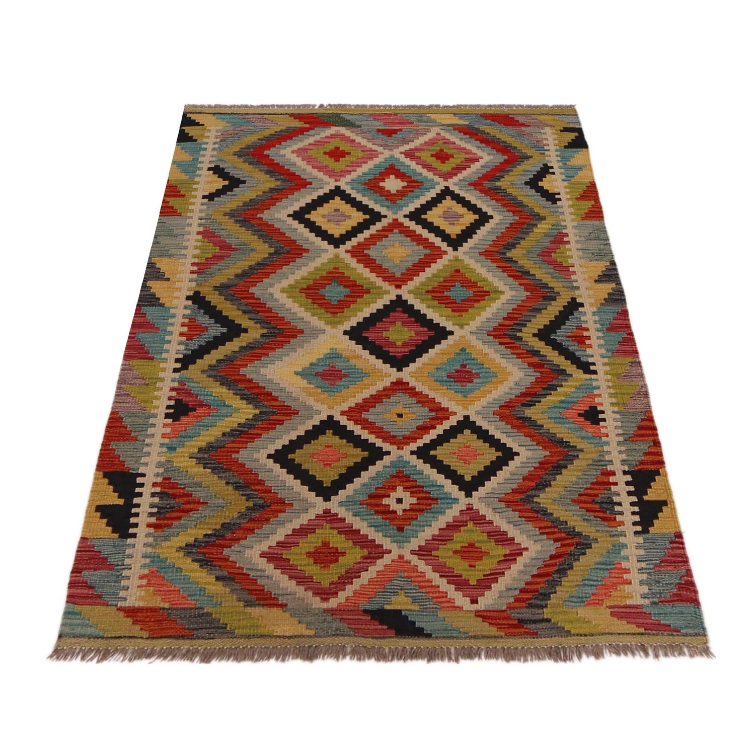 Hand Knotted Afghan Style Kilim 3' 4" x 4' 11" ft / 101 x 149 cm - No. P35716