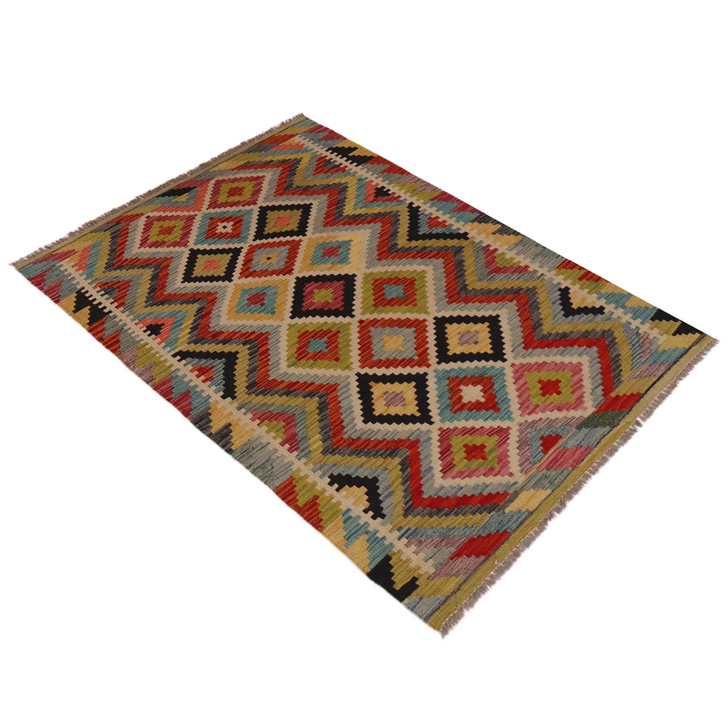 Hand Knotted Afghan Style Kilim 3' 4" x 4' 11" ft / 101 x 149 cm - No. P35716