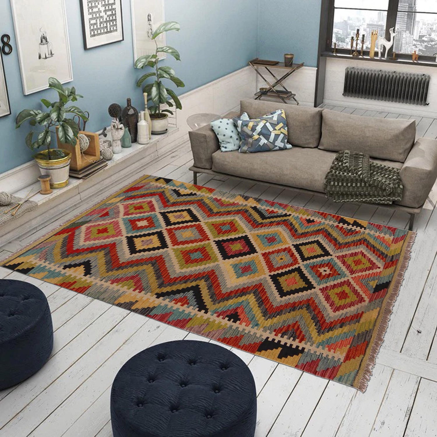 Hand Knotted Afghan Style Kilim 3' 4" x 4' 11" ft / 101 x 149 cm - No. P35716