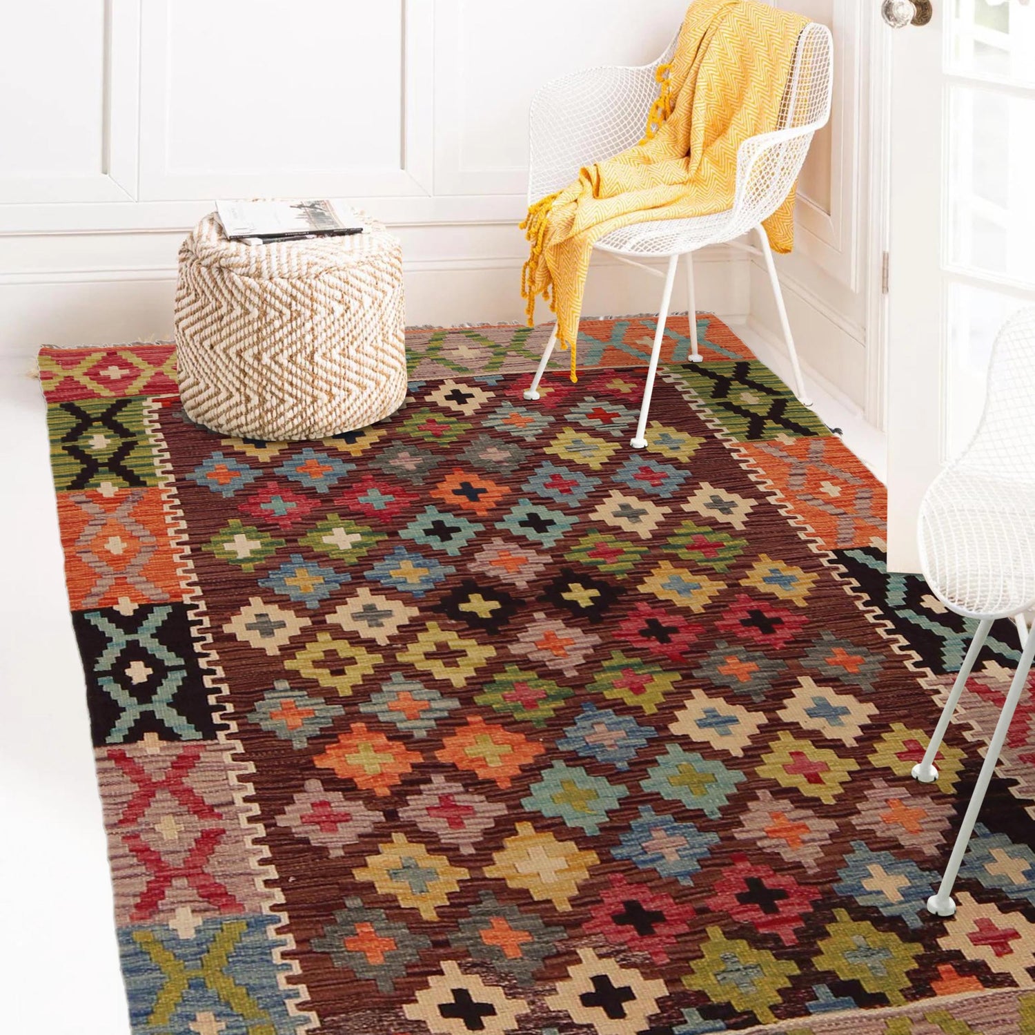 Hand Made Afghan Kilim 3' 5" x 4' 10" ft / 104 x 147 cm - No. P35722