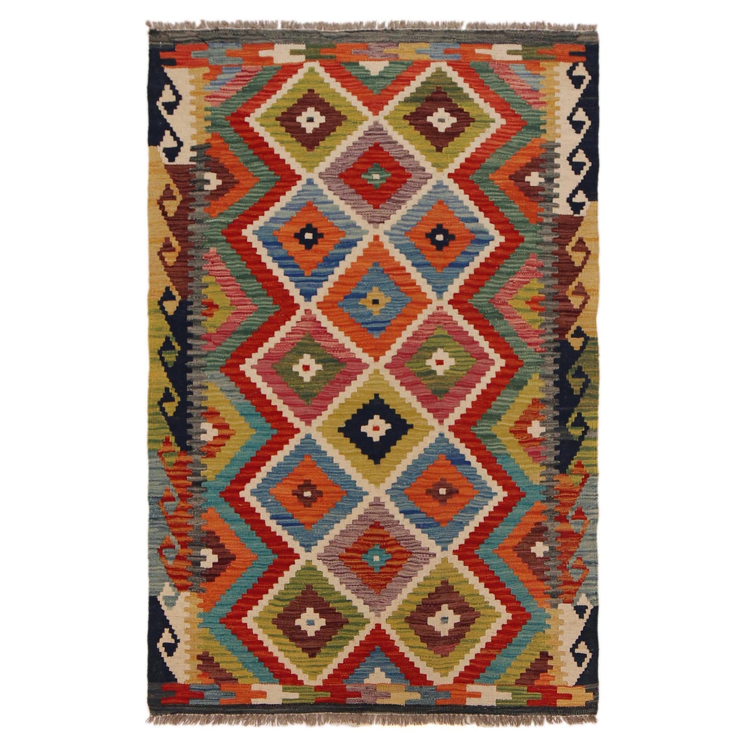 Multi Color ful Flat-Weave Wool Kilim 3' 3" x 5' 0" ft / 100 x 152 cm - No. P35723