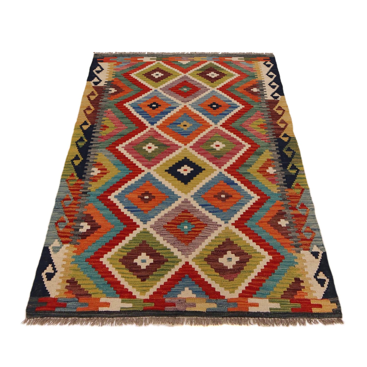 Multi Color ful Flat-Weave Wool Kilim 3' 3" x 5' 0" ft / 100 x 152 cm - No. P35723