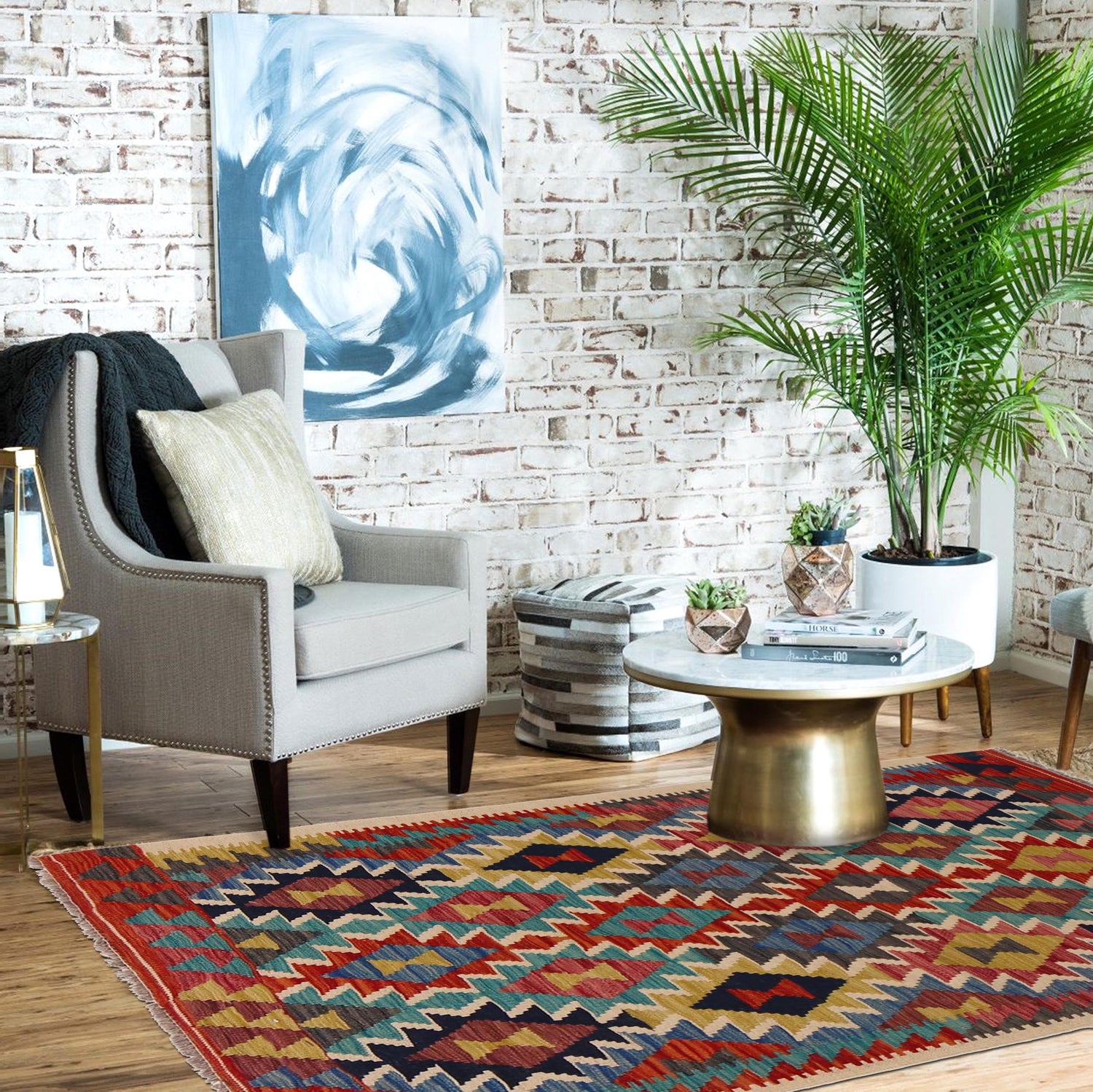 Hand Made Afghan Kilim 3' 2" x 5' 1" ft / 98 x 155 cm - No. P35732