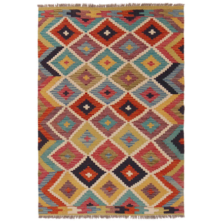 Multi Color ful Flat-Weave Wool Kilim 3' 4" x 4' 10" ft / 101 x 147 cm - No. P35733