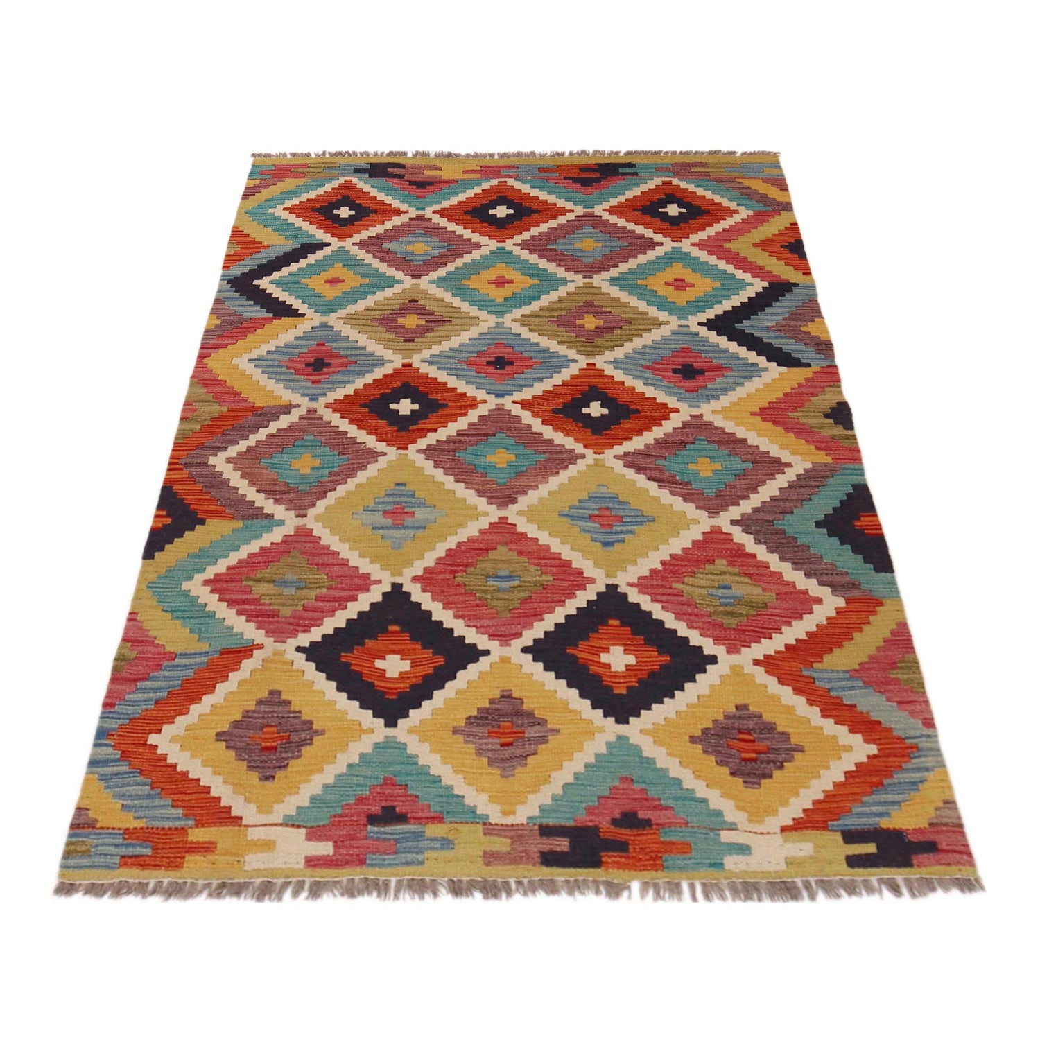 Multi Color ful Flat-Weave Wool Kilim 3' 4" x 4' 10" ft / 101 x 147 cm - No. P35733