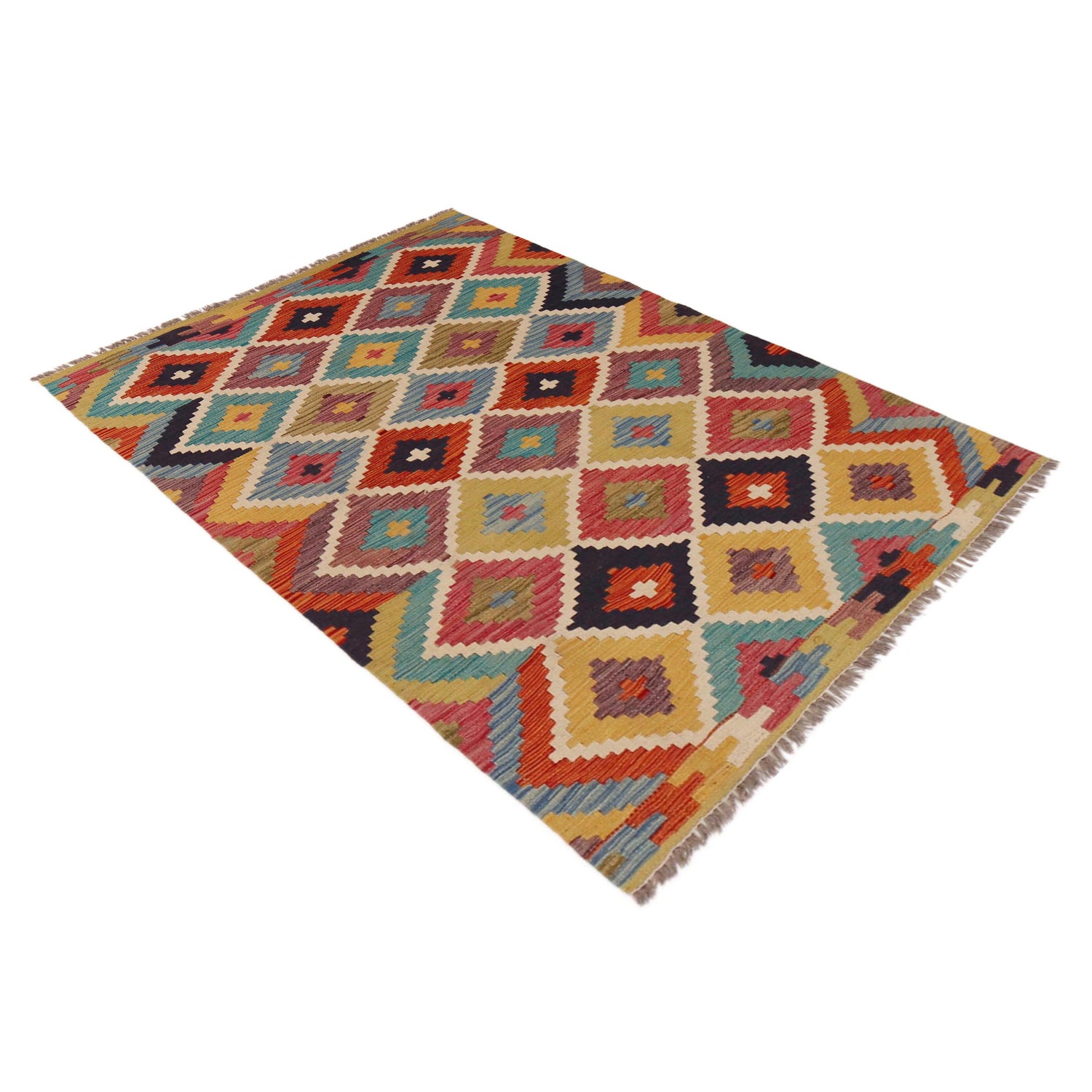 Multi Color ful Flat-Weave Wool Kilim 3' 4" x 4' 10" ft / 101 x 147 cm - No. P35733