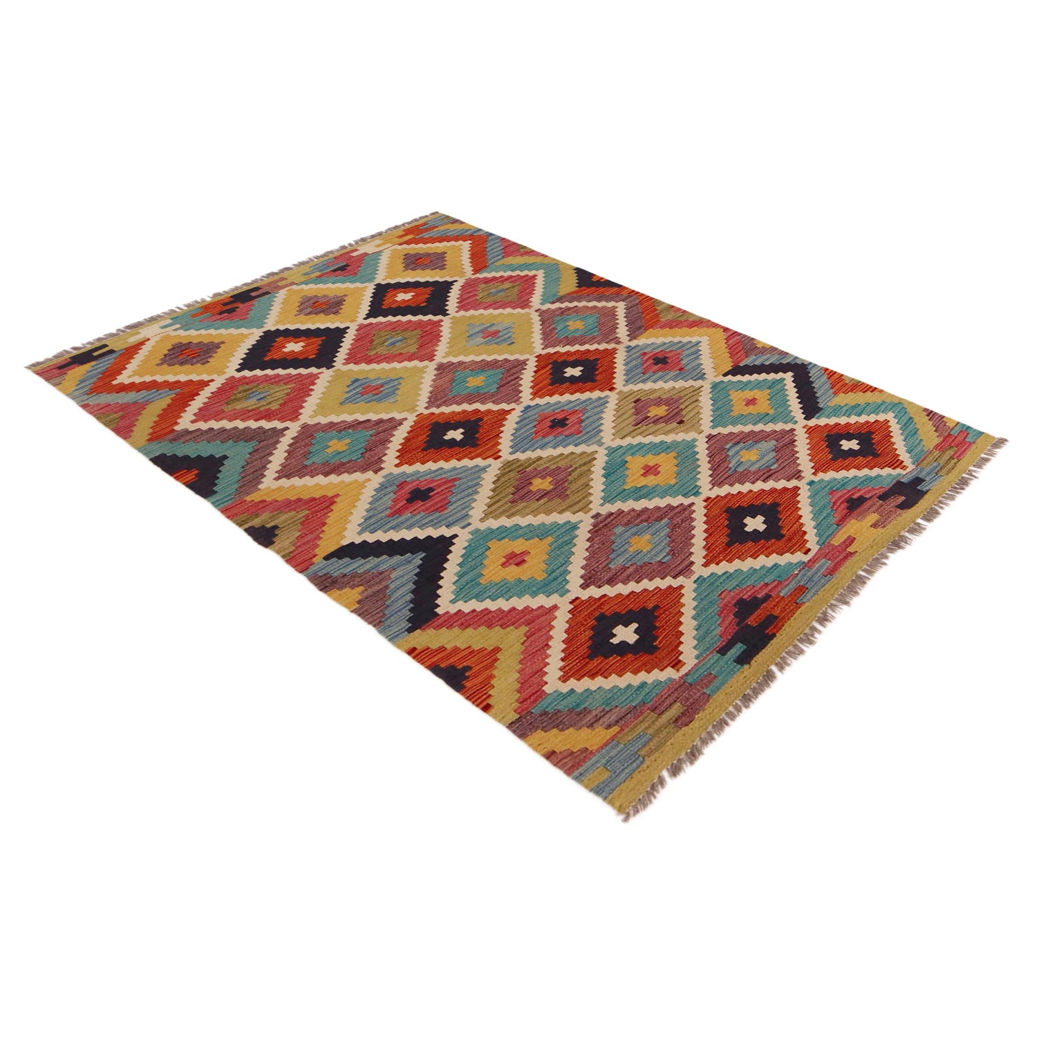 Multi Color ful Flat-Weave Wool Kilim 3' 4" x 4' 10" ft / 101 x 147 cm - No. P35733