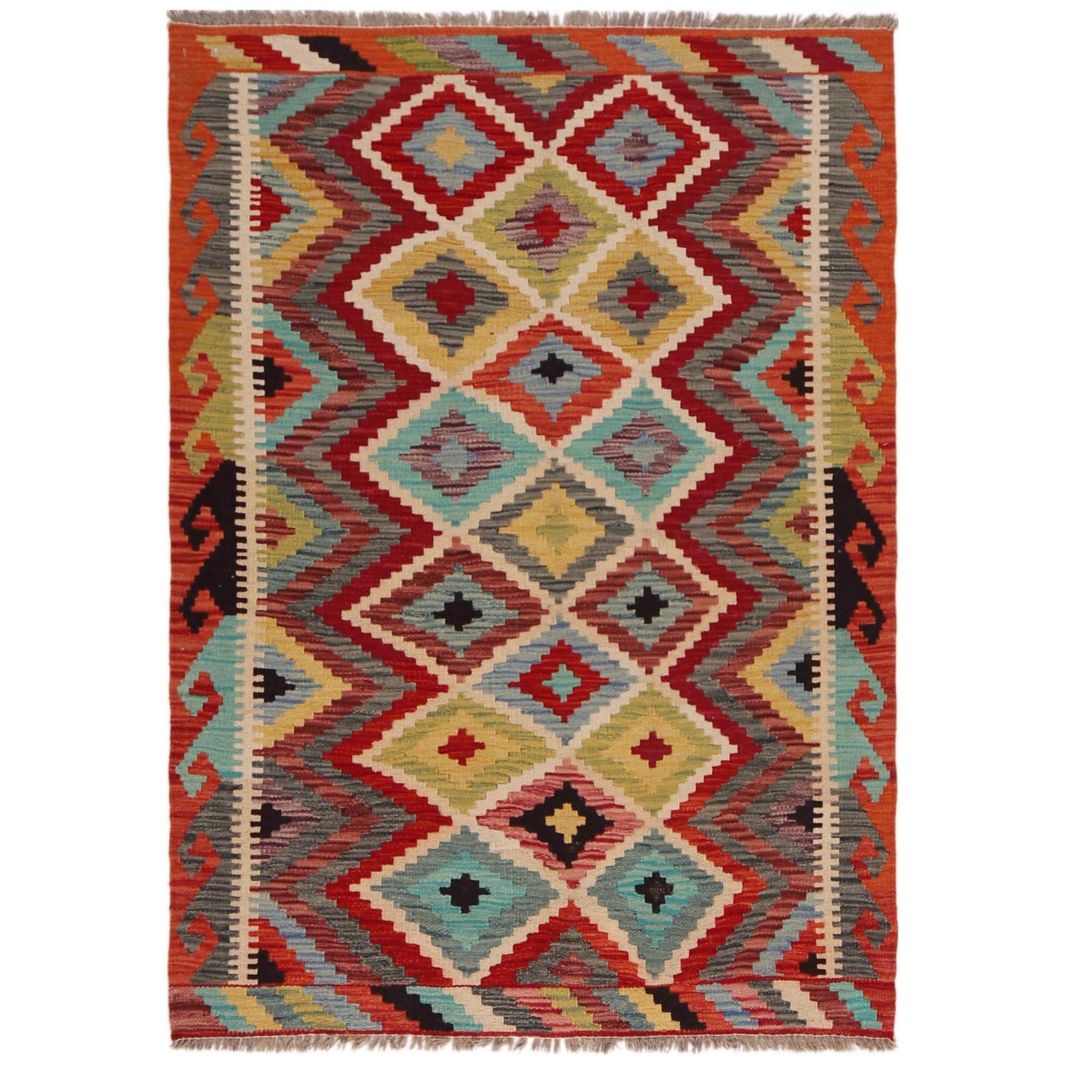 Multi Color ful Flat-Weave Wool Kilim 3' 5" x 4' 9" ft / 104 x 145 cm - No. P35743