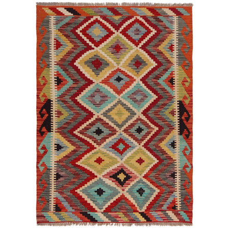Multi Color ful Flat-Weave Wool Kilim 3' 5" x 4' 9" ft / 104 x 145 cm - No. P35743