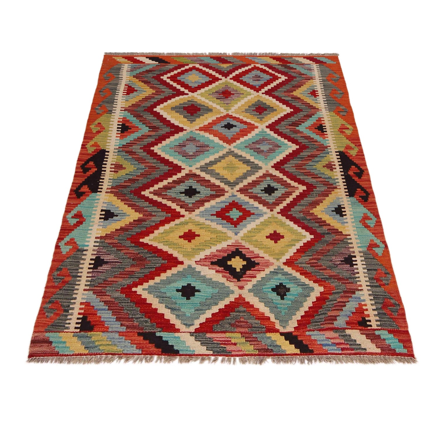 Multi Color ful Flat-Weave Wool Kilim 3' 5" x 4' 9" ft / 104 x 145 cm - No. P35743