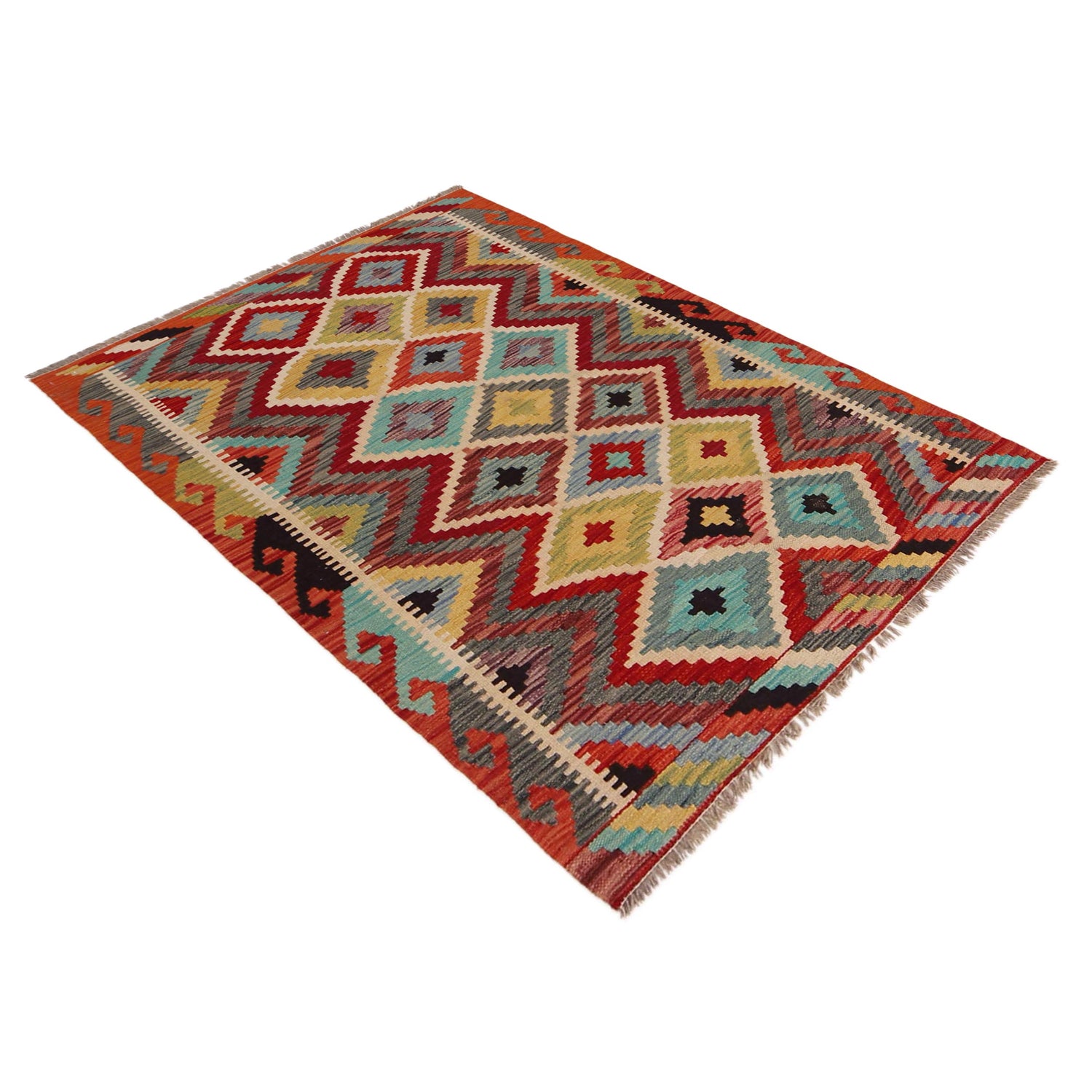 Multi Color ful Flat-Weave Wool Kilim 3' 5" x 4' 9" ft / 104 x 145 cm - No. P35743