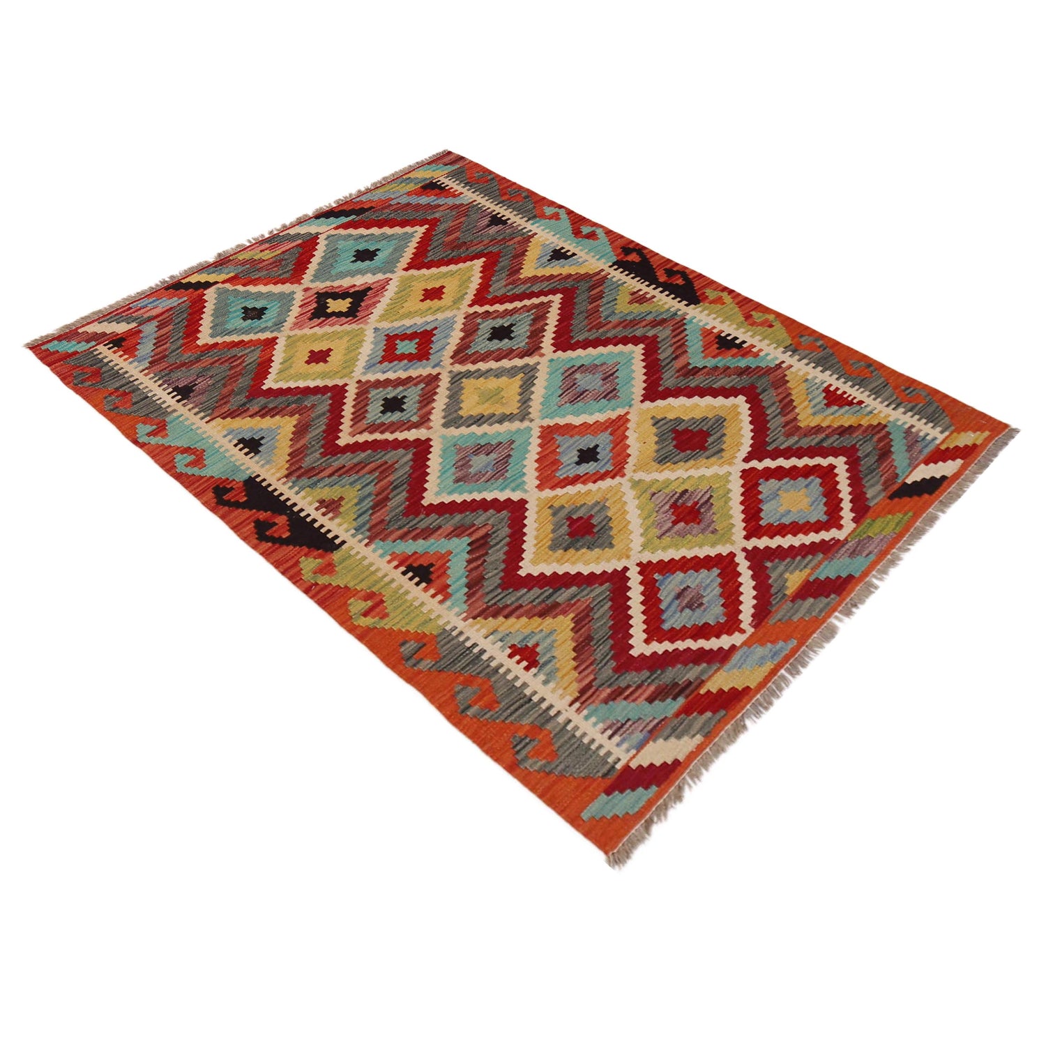Multi Color ful Flat-Weave Wool Kilim 3' 5" x 4' 9" ft / 104 x 145 cm - No. P35743