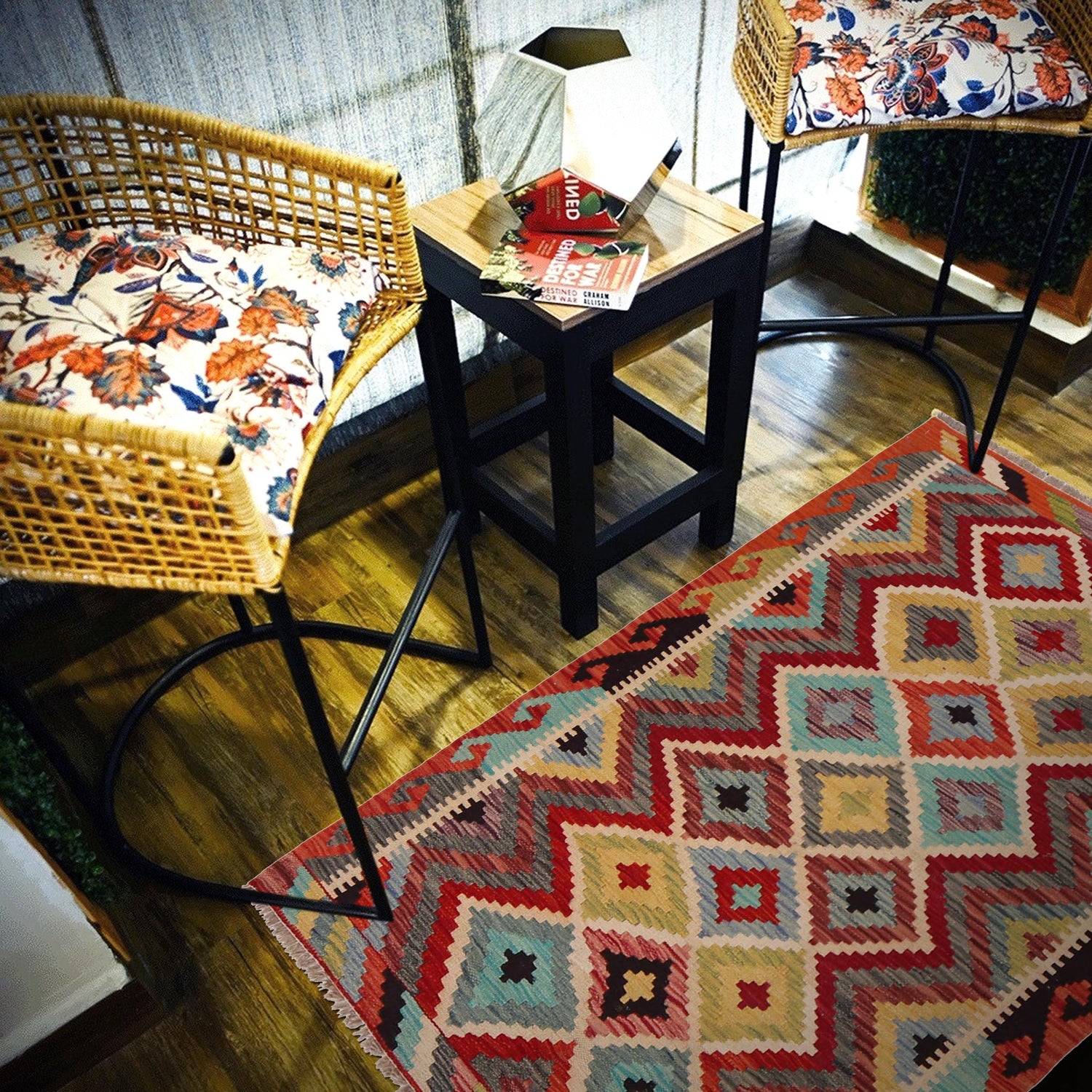 Multi Color ful Flat-Weave Wool Kilim 3' 5" x 4' 9" ft / 104 x 145 cm - No. P35743