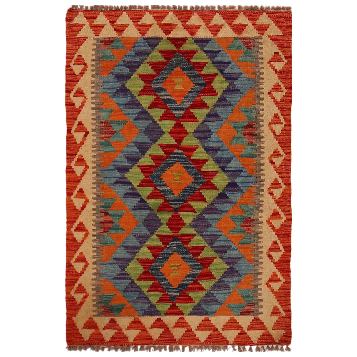 Multi Color ful Flat-Weave Wool Kilim 2' 9" x 4' 0" ft / 85 x 123 cm - No. P35748