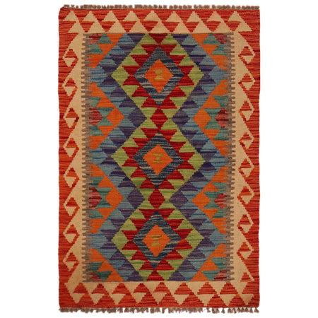 Multi Color ful Flat-Weave Wool Kilim 2' 9" x 4' 0" ft / 85 x 123 cm - No. P35748