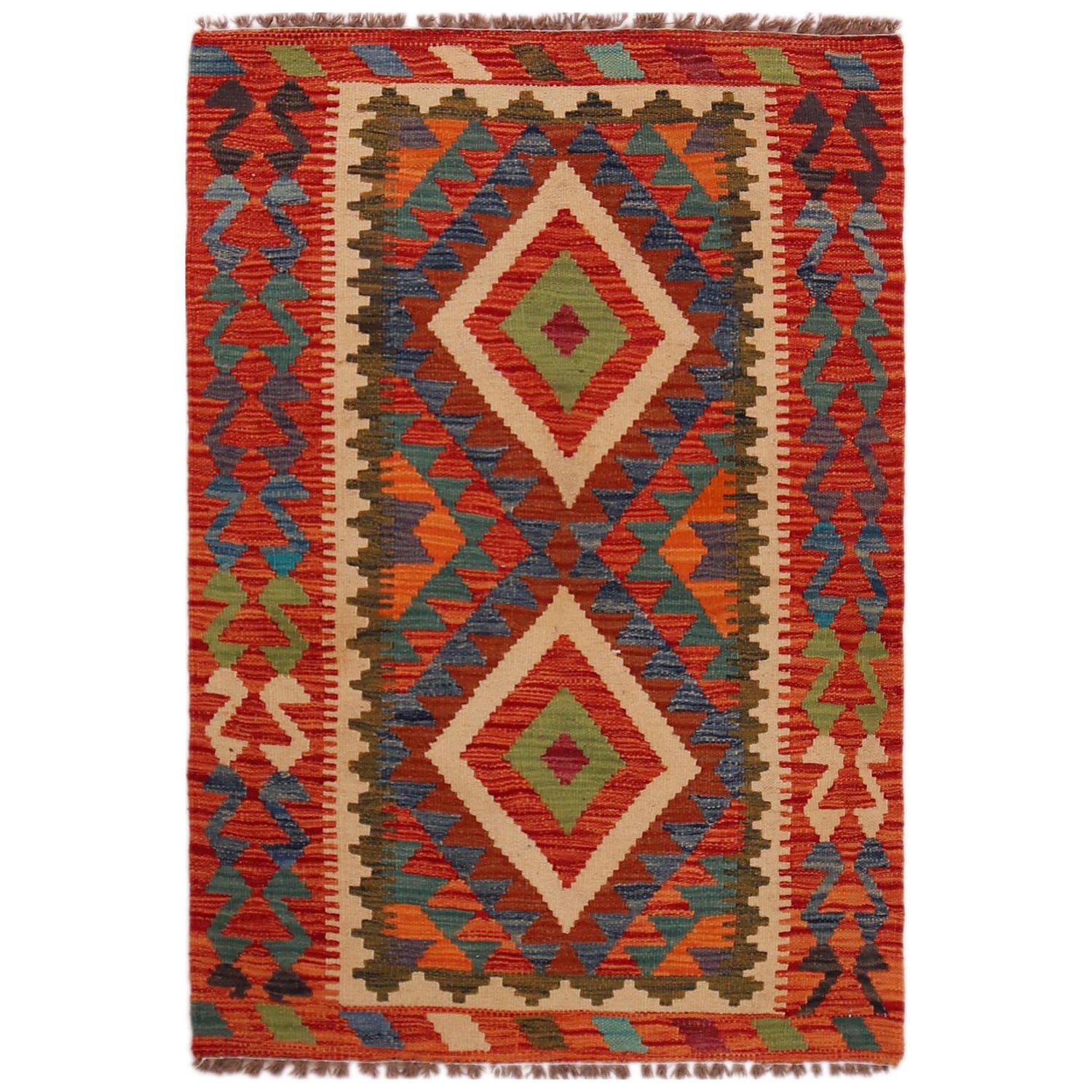 Multi Color ful Flat-Weave Wool Kilim 2' 9" x 4' 2" ft / 84 x 127 cm - No. P35758