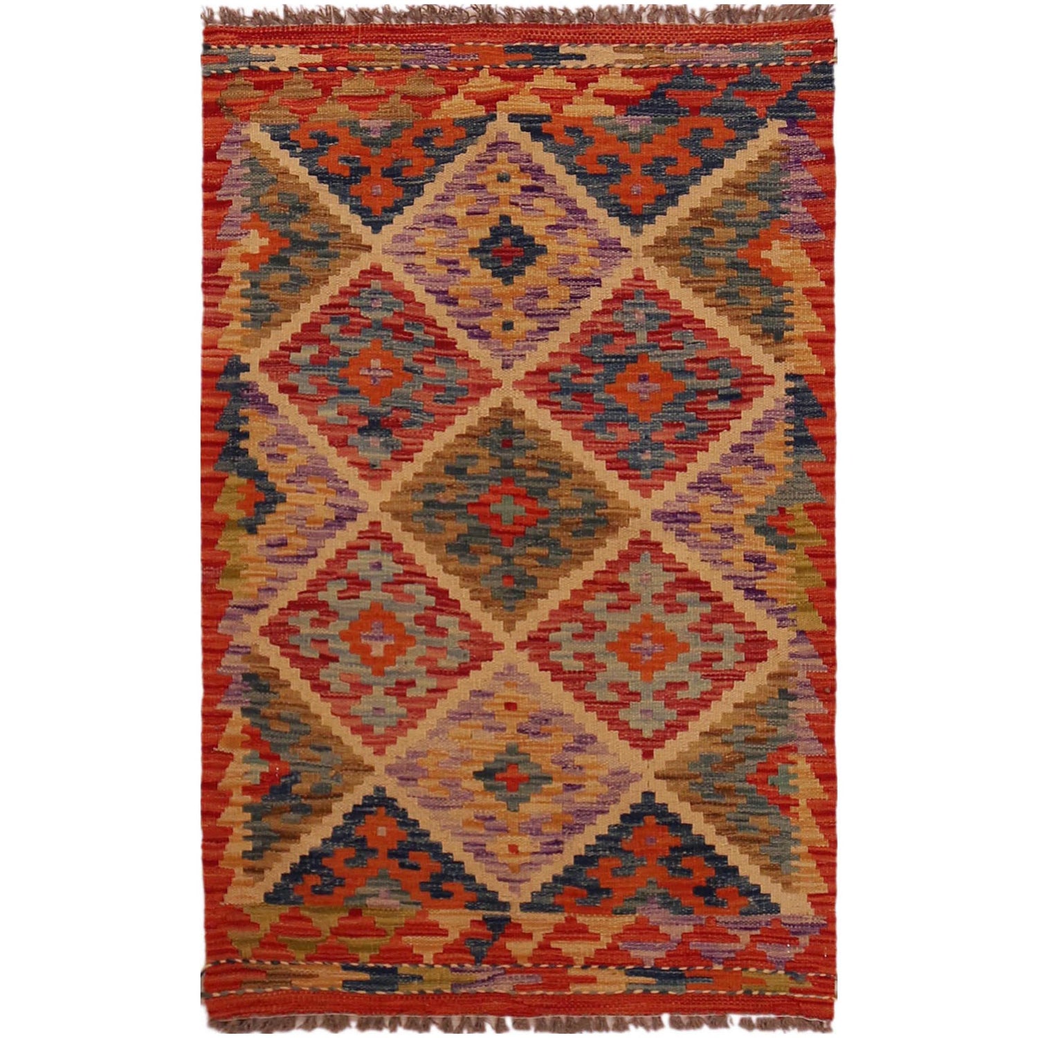 Multi Color ful Flat-Weave Wool Kilim 2' 7" x 4' 2" ft / 80 x 126 cm - No. P35768