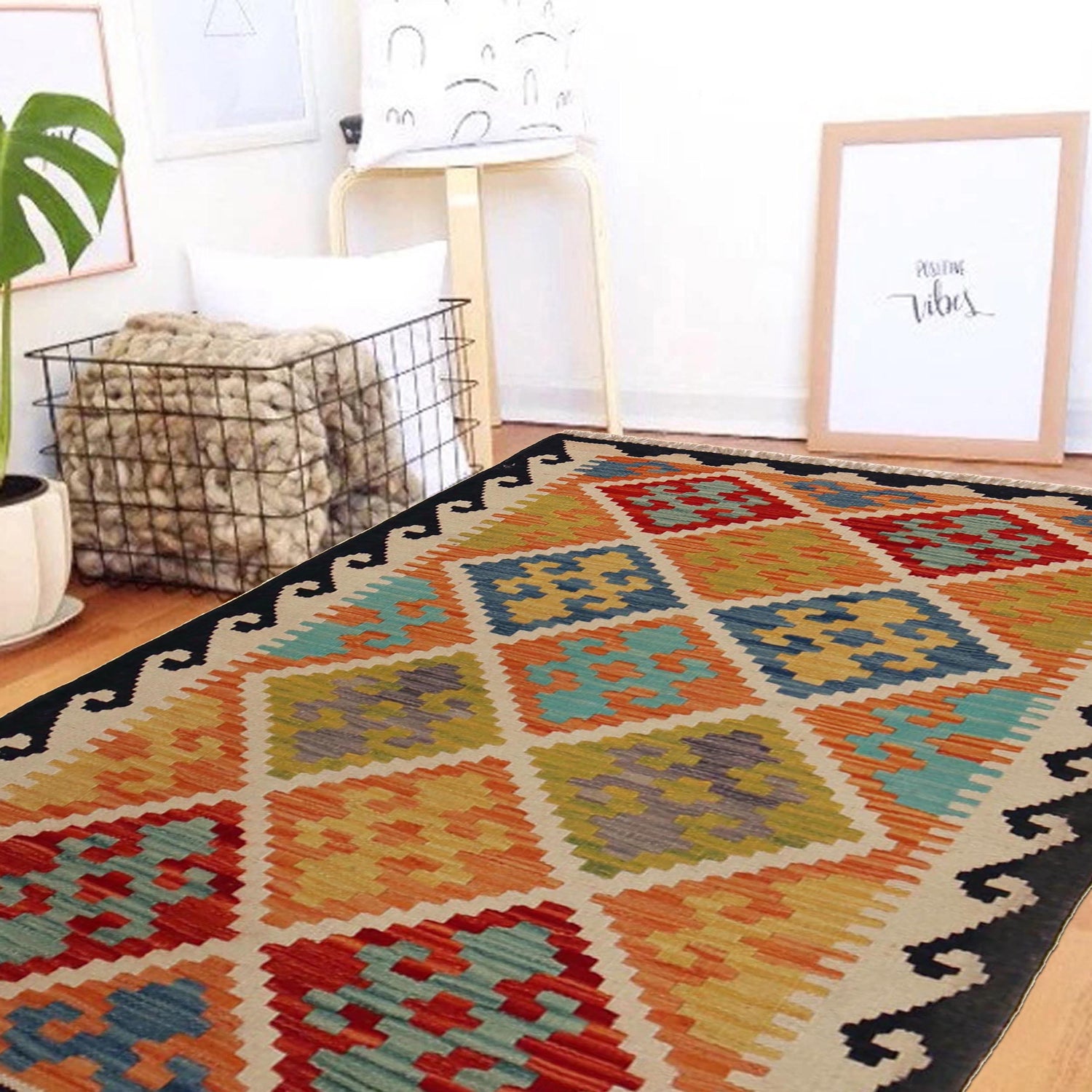 Handmade Afghan Vegetable Kilim 2' 11" x 4' 6" ft / 89 x 136 cm - No. P35850