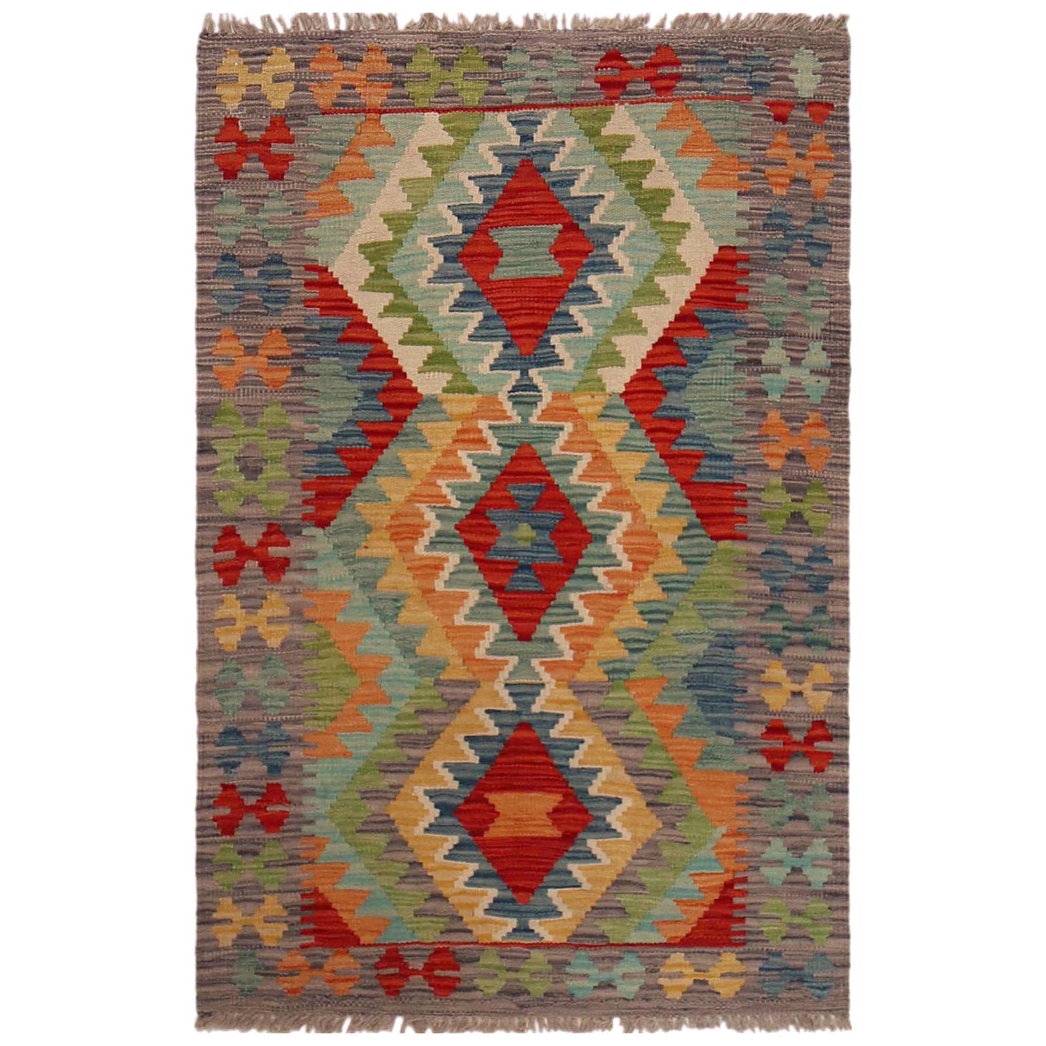 Multi Color ful Flat-Weave Wool Kilim 2' 9" x 4' 4" ft / 84 x 133 cm - No. P35852
