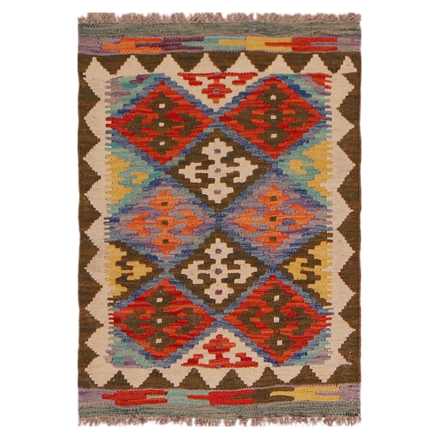 Handmade Turkish Design Wool Kilim 2' 1" x 3' 0" ft / 63 x 91 cm - No. P35955