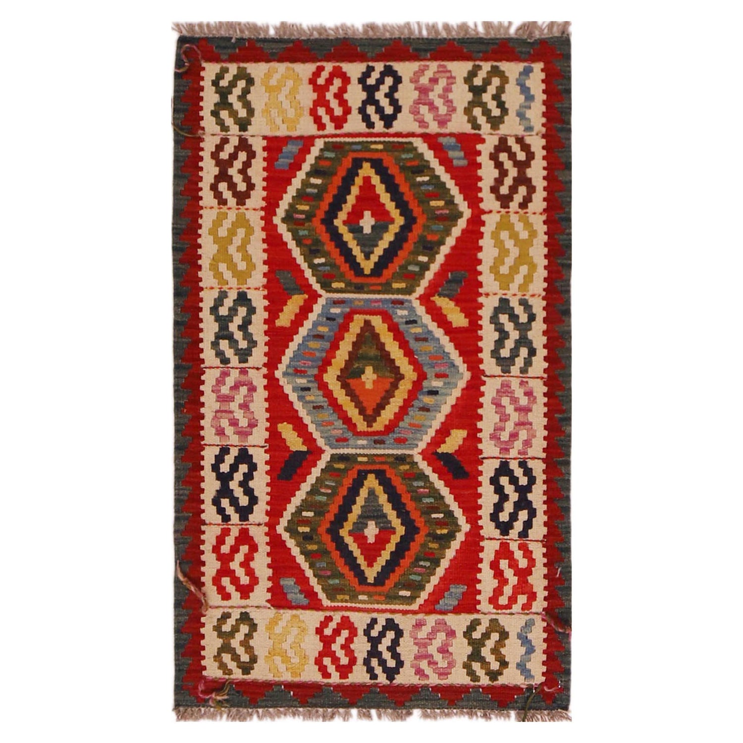 Hand Woven Wool Kelim 2' 0" x 3' 5" ft / 60 x 105 cm - No. P35966