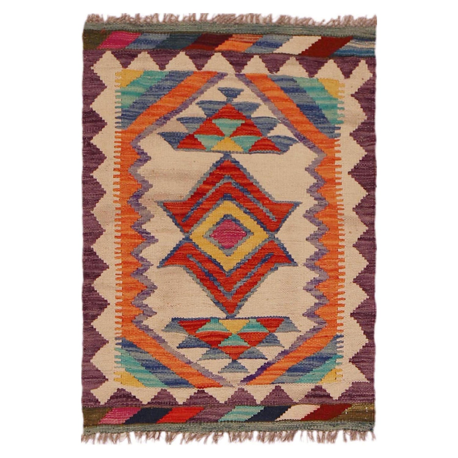 Multi Color ful Flat-Weave Wool Kilim 2' 1" x 2' 11" ft / 63 x 90 cm - No. P35986