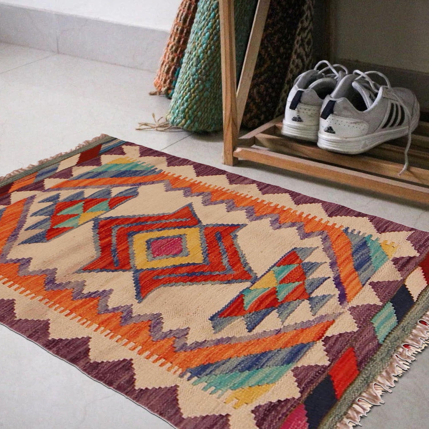 Multi Color ful Flat-Weave Wool Kilim 2' 1" x 2' 11" ft / 63 x 90 cm - No. P35986