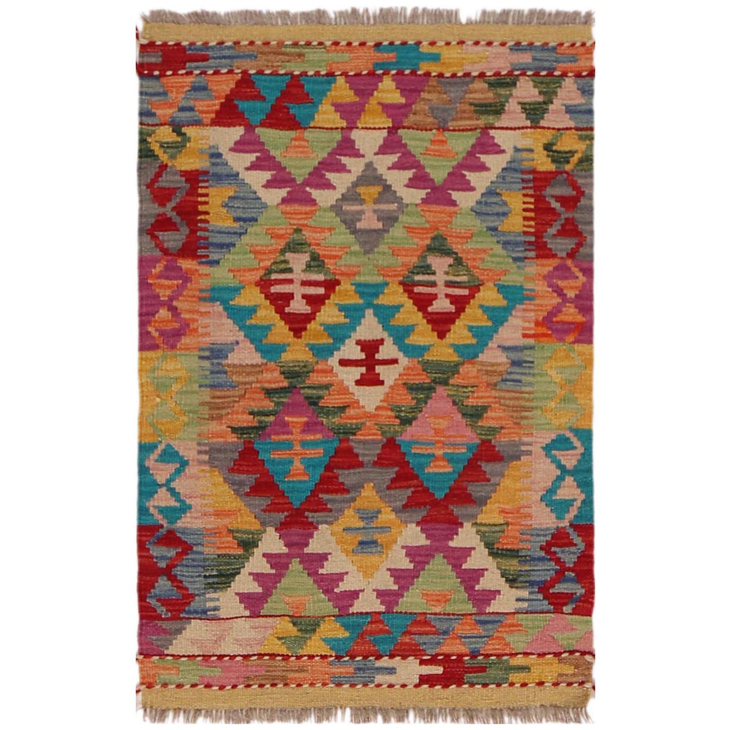 Hand Knotted Afghan Style Kilim 2' 1" x 3' 2" ft / 63 x 97 cm - No. P36016