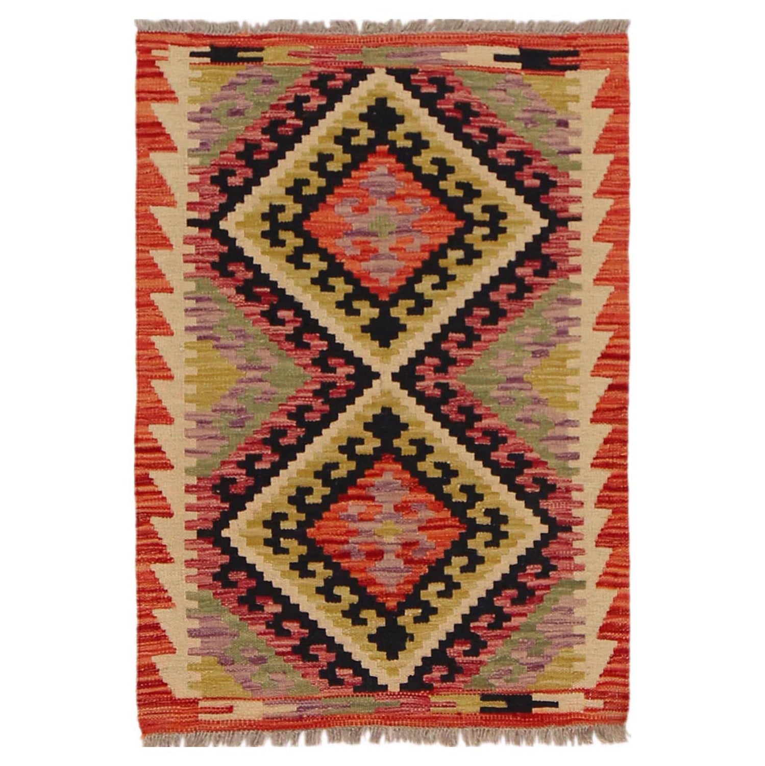 Multi Color ful Flat-Weave Wool Kilim 2' 1" x 2' 11" ft / 63 x 90 cm - No. P36026