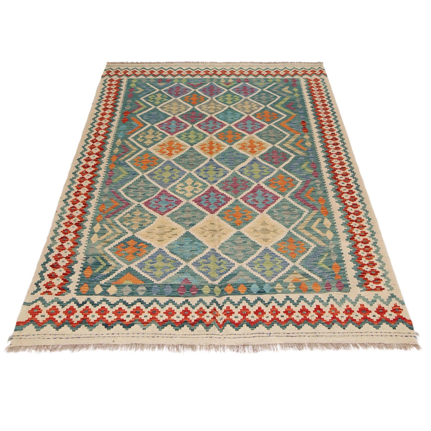 Multi Color ful Flat-Weave Wool Kilim 6' 0" x 7' 10" ft / 182 x 238 cm - No. P36059