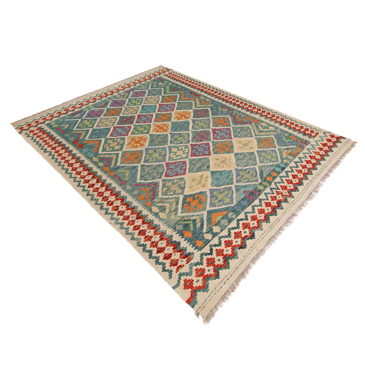 Multi Color ful Flat-Weave Wool Kilim 6' 0" x 7' 10" ft / 182 x 238 cm - No. P36059