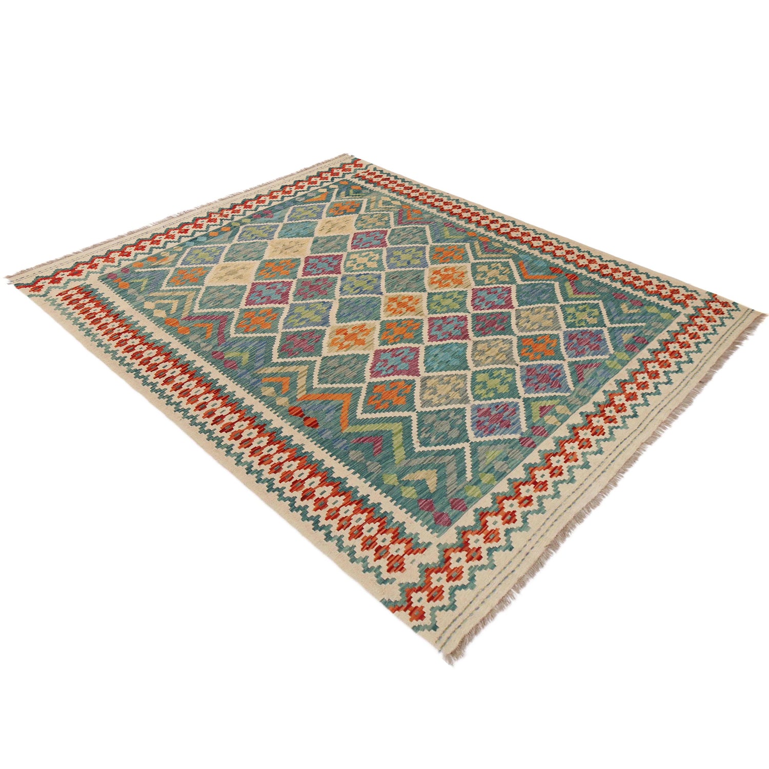 Multi Color ful Flat-Weave Wool Kilim 6' 0" x 7' 10" ft / 182 x 238 cm - No. P36059