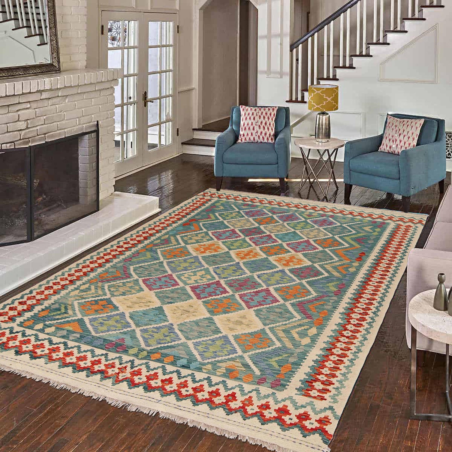 Multi Color ful Flat-Weave Wool Kilim 6' 0" x 7' 10" ft / 182 x 238 cm - No. P36059