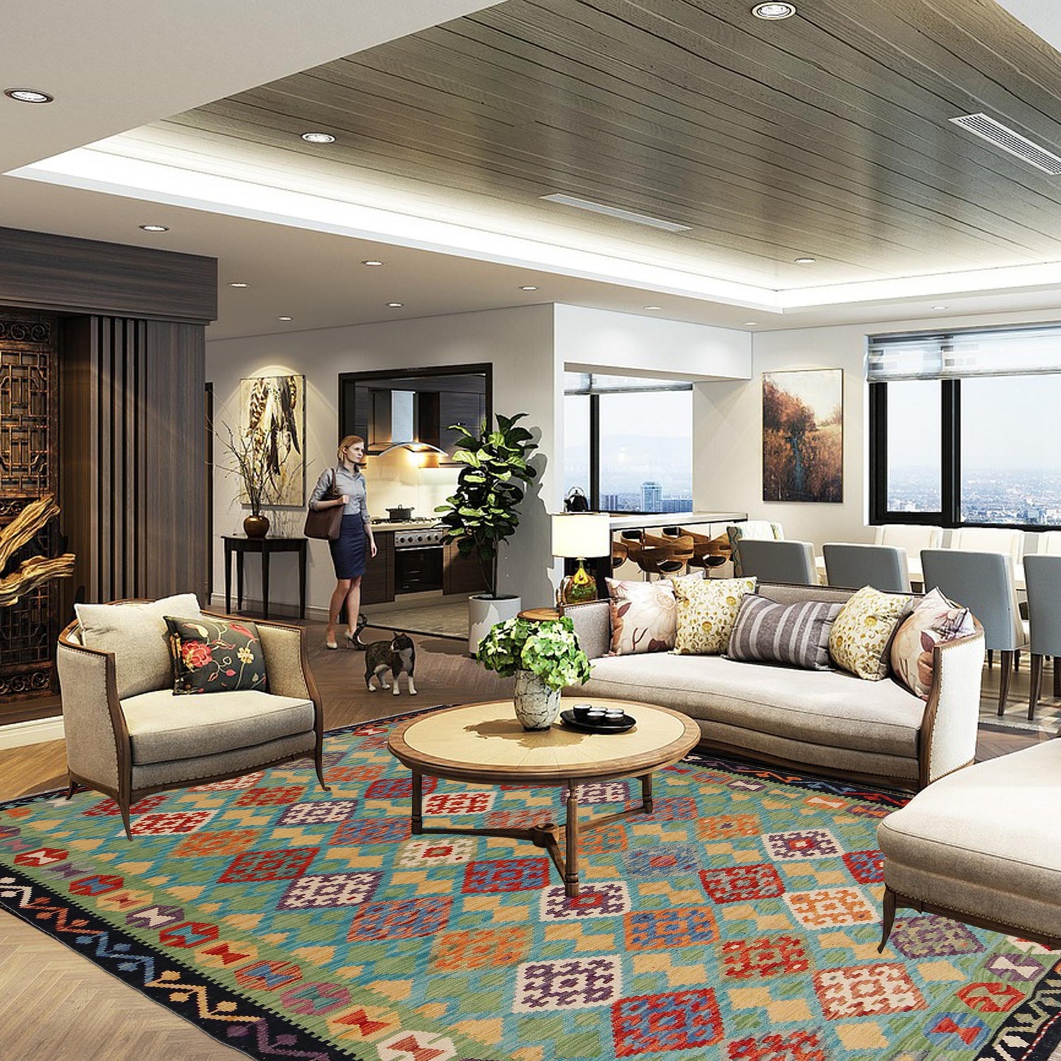 Handmade Afghan Vegetable Kilim 6' 0" x 8' 6" ft / 183 x 258 cm - No. P36068