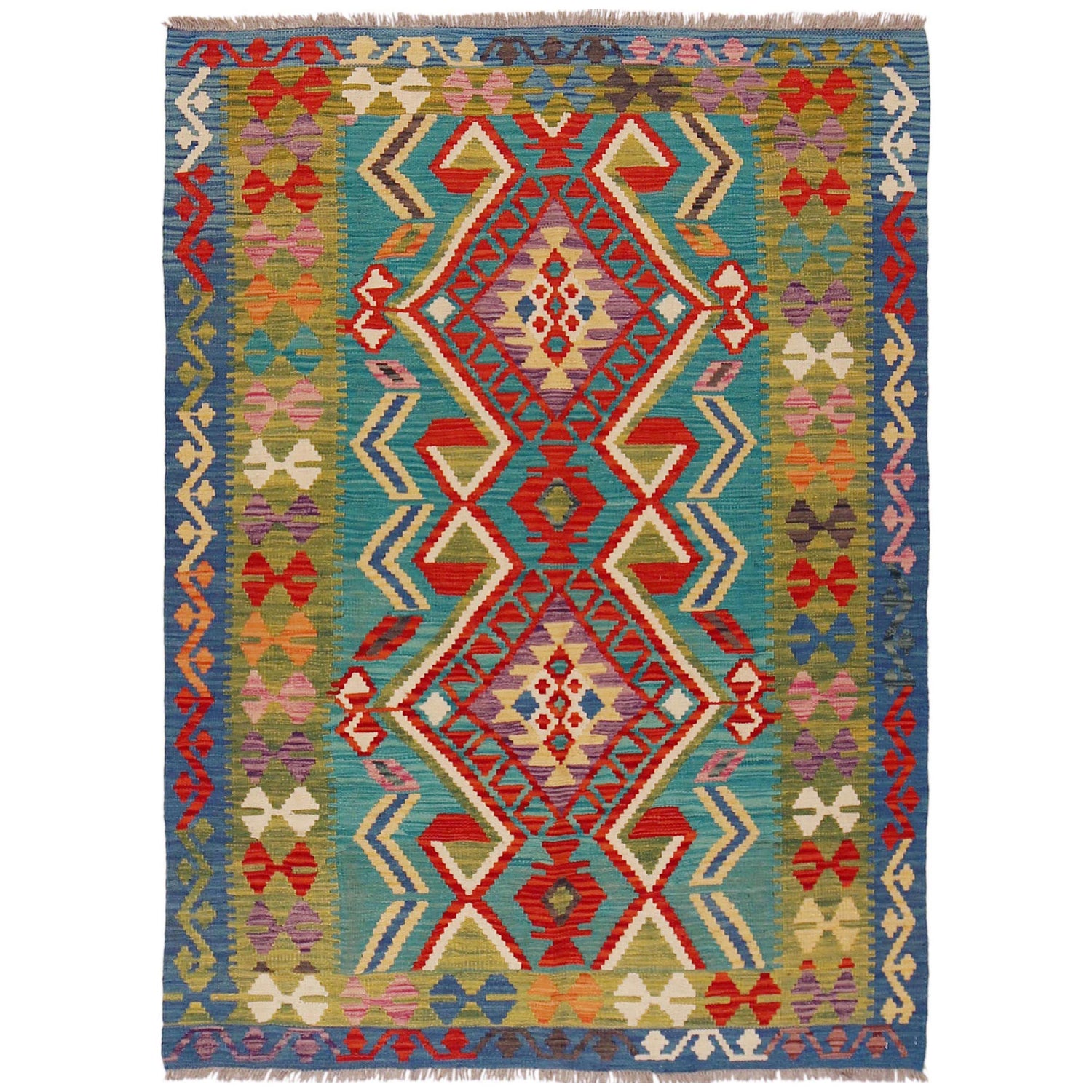 Multi Color ful Flat-Weave Wool Kilim 4' 0" x 5' 7" ft / 122 x 170 cm - No. P36119