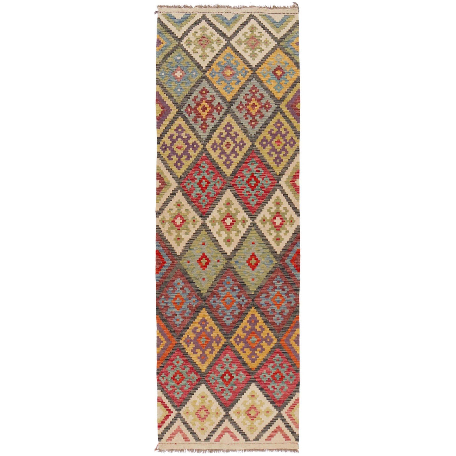 Multi Color ful Flat-Weave Wool Kilim Runner 2' 11" x 9' 8" ft / 90 x 295 cm - No. P36162