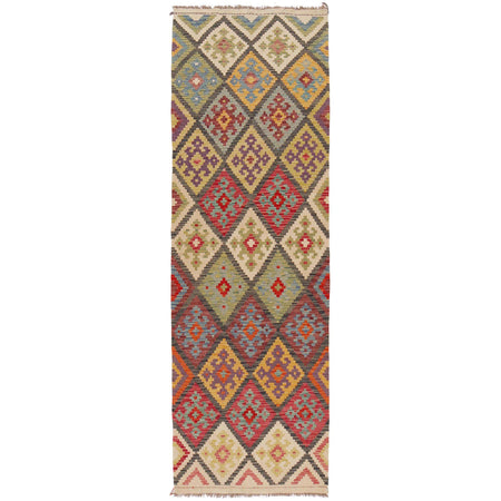 Multi Color ful Flat-Weave Wool Kilim Runner 2' 11" x 9' 8" ft / 90 x 295 cm - No. P36162