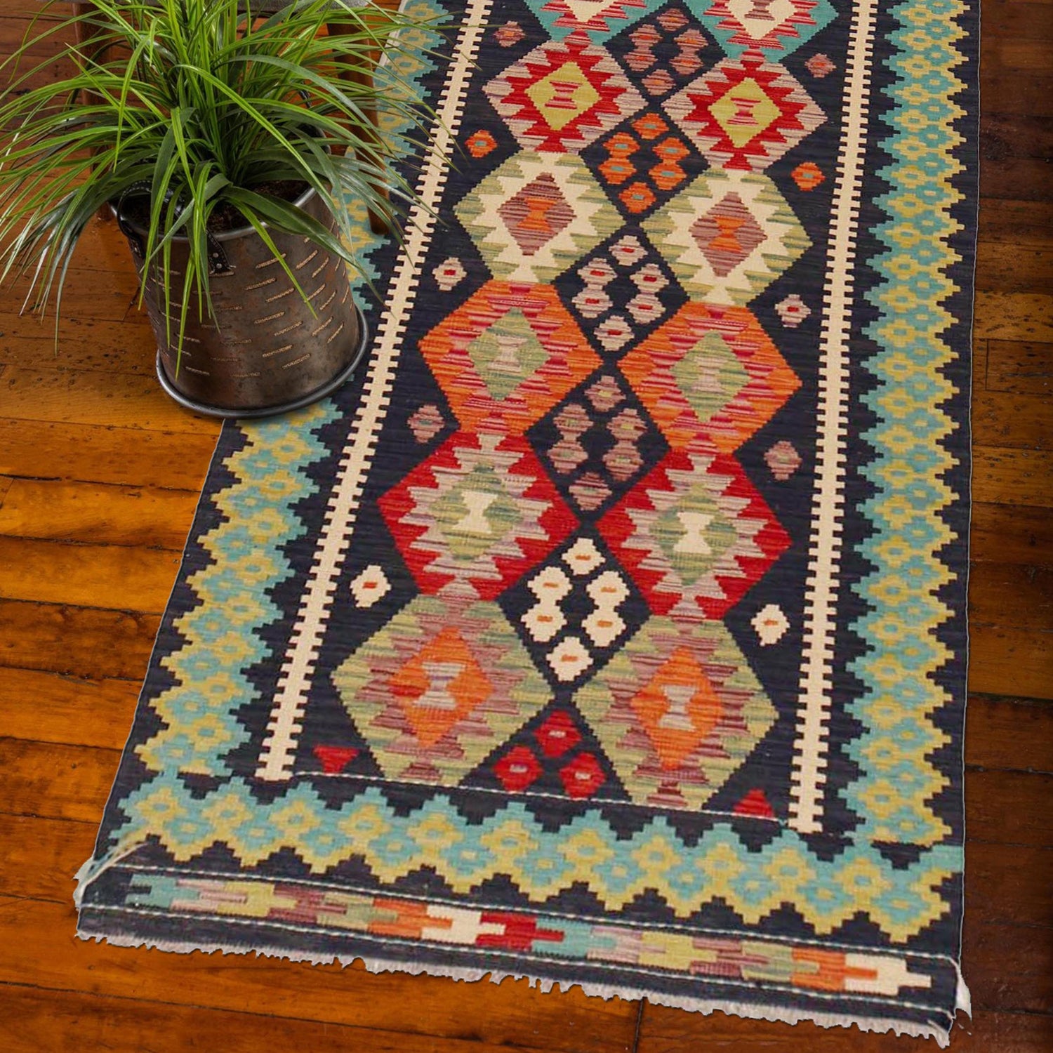 Hand Woven Wool Kelim Runner 3' 1" x 9' 8" ft / 93 x 294 cm - No. P36168