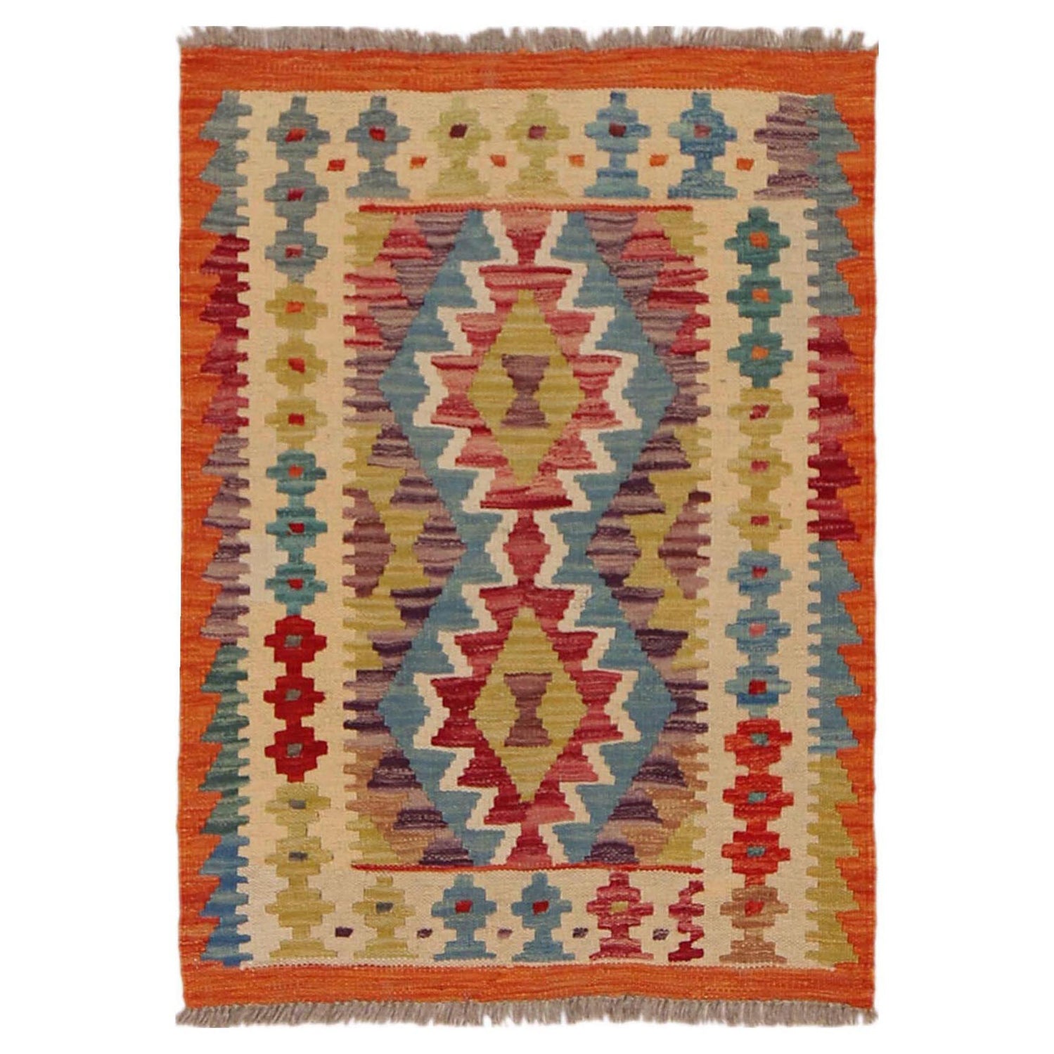 Multi Color ful Flat-Weave Wool Kilim 2' 1" x 2' 10" ft / 63 x 87 cm - No. P36266