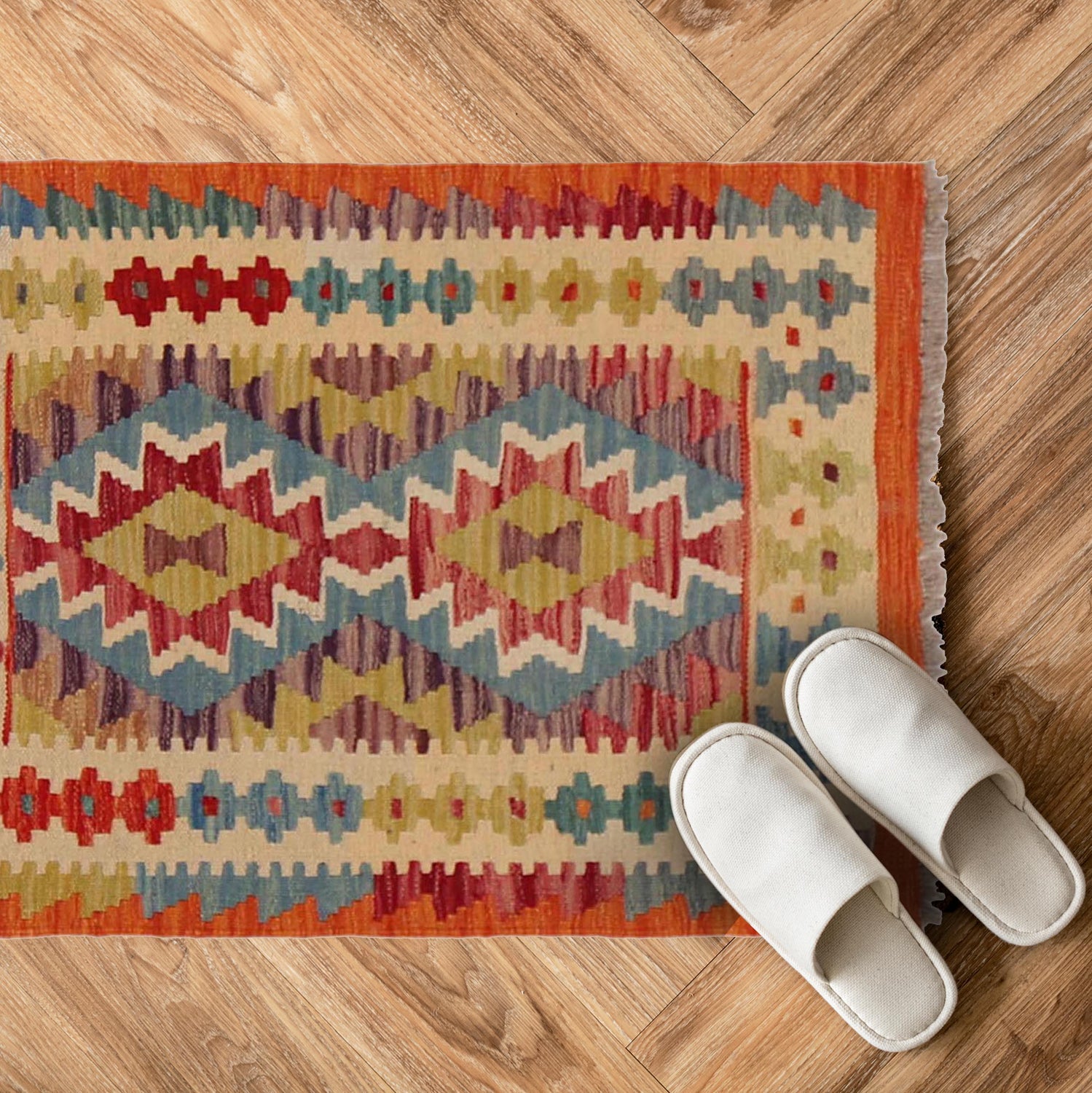 Multi Color ful Flat-Weave Wool Kilim 2' 1" x 2' 10" ft / 63 x 87 cm - No. P36266