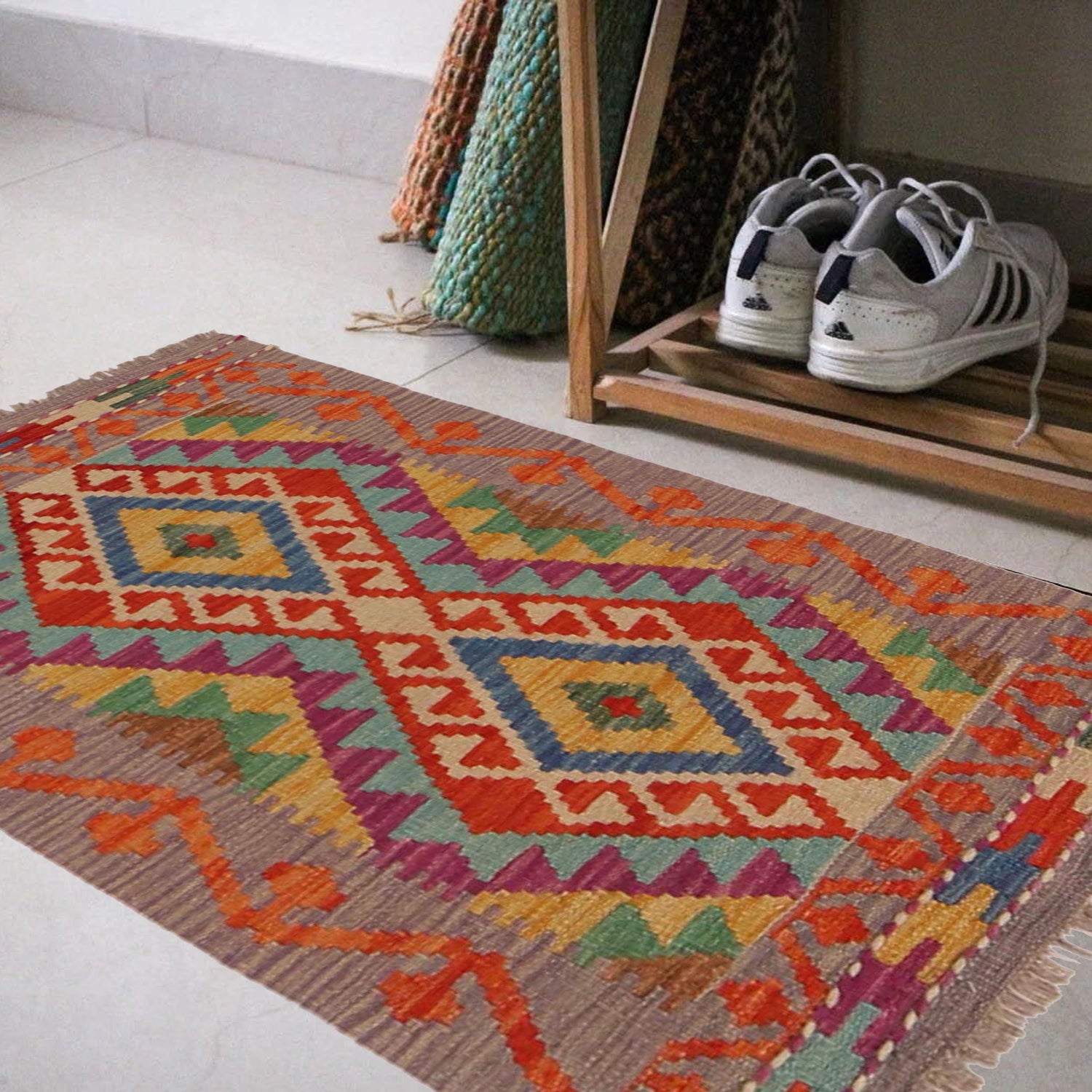 Multi Color ful Flat-Weave Wool Kilim 2' 2" x 3' 5" ft / 65 x 103 cm - No. P36306