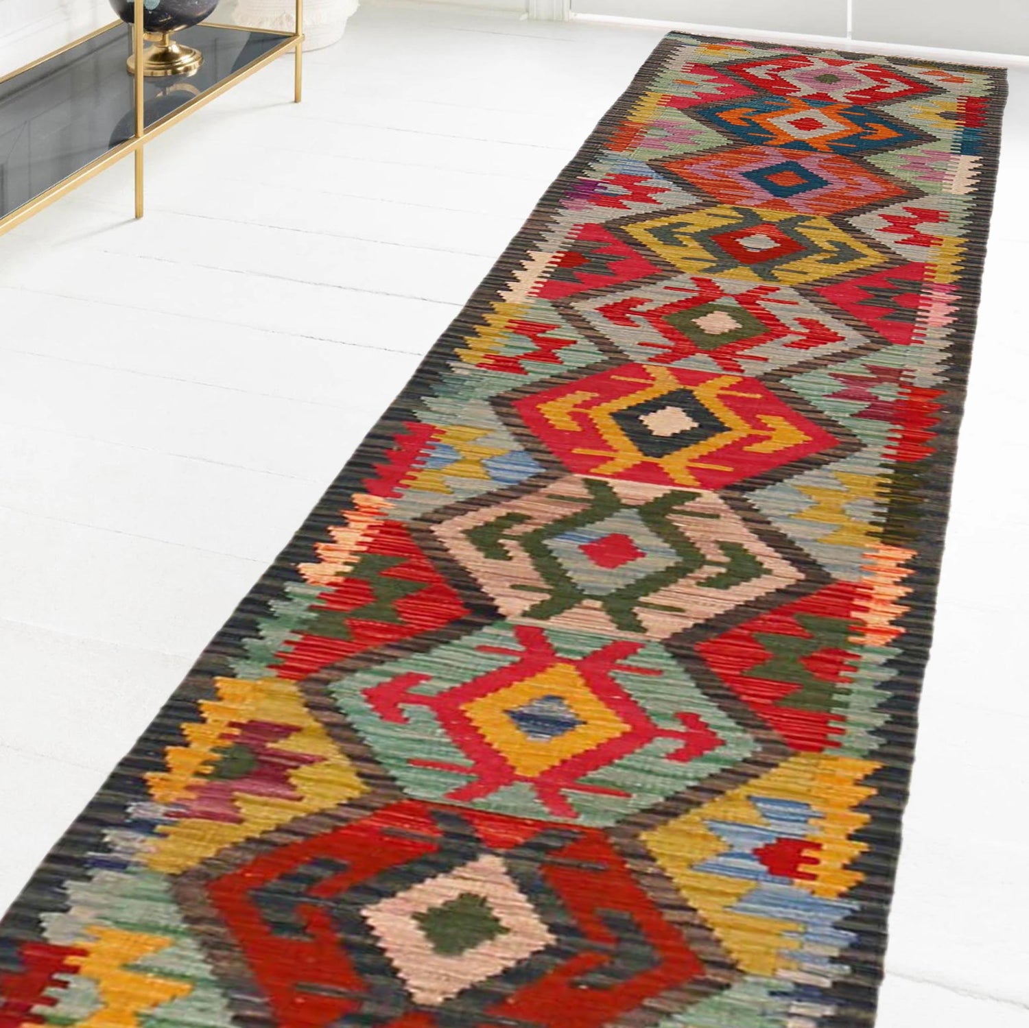 Hand Knotted Flatweave Kilim Runner 1' 8" x 9' 5" ft / 50 x 287 cm - No. P36388