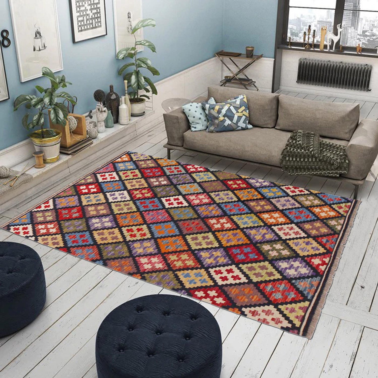 Hand Knotted Afghan Style Kilim 3' 4" x 5' 0" ft / 102 x 152 cm - No. P36391