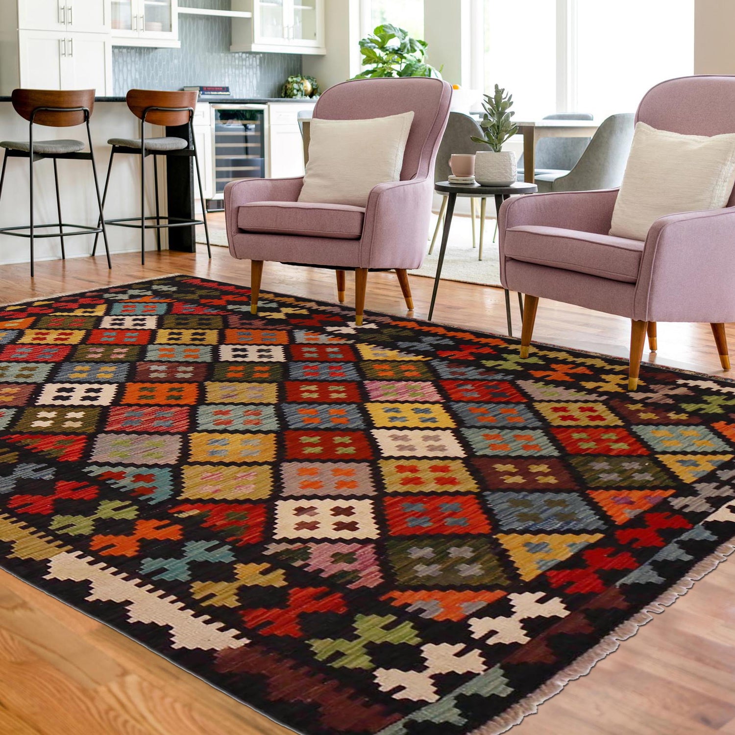 Hand Made Afghan Kilim 5' 0" x 6' 8" ft / 153 x 202 cm - No. P36415