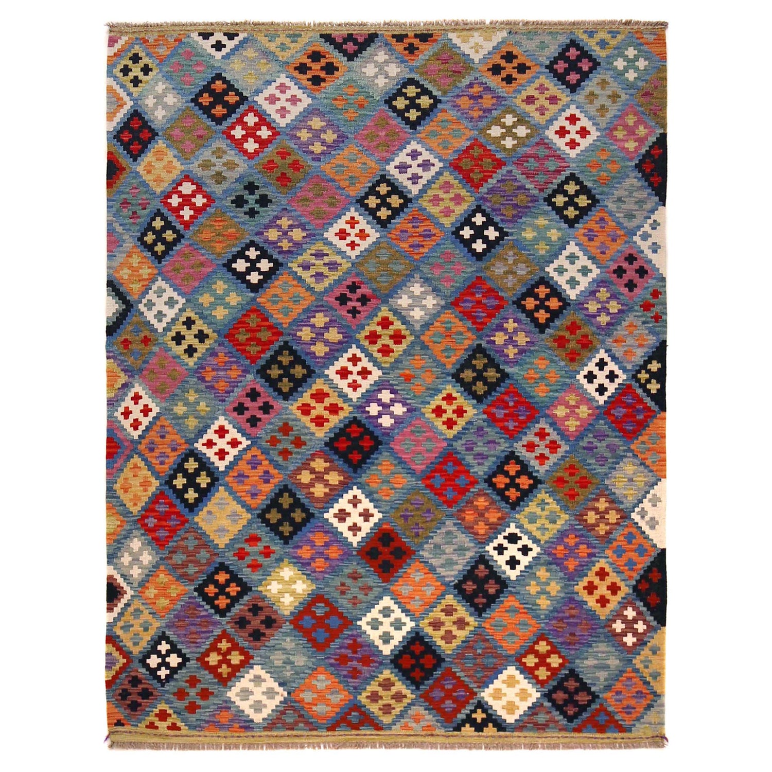 Multi Color ful Flat-Weave Wool Kilim 5' 1" x 6' 8" ft / 156 x 204 cm - No. P36420
