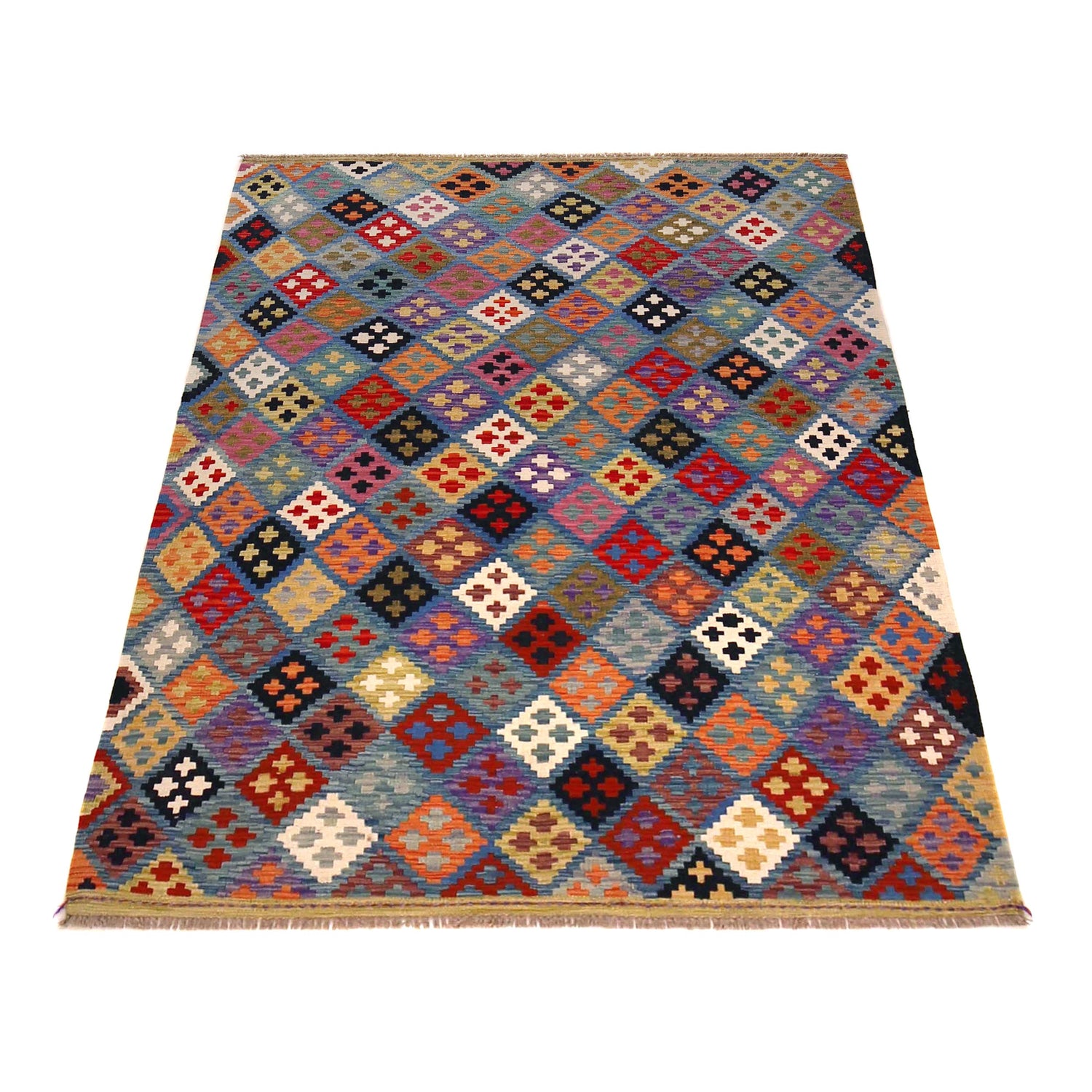 Multi Color ful Flat-Weave Wool Kilim 5' 1" x 6' 8" ft / 156 x 204 cm - No. P36420