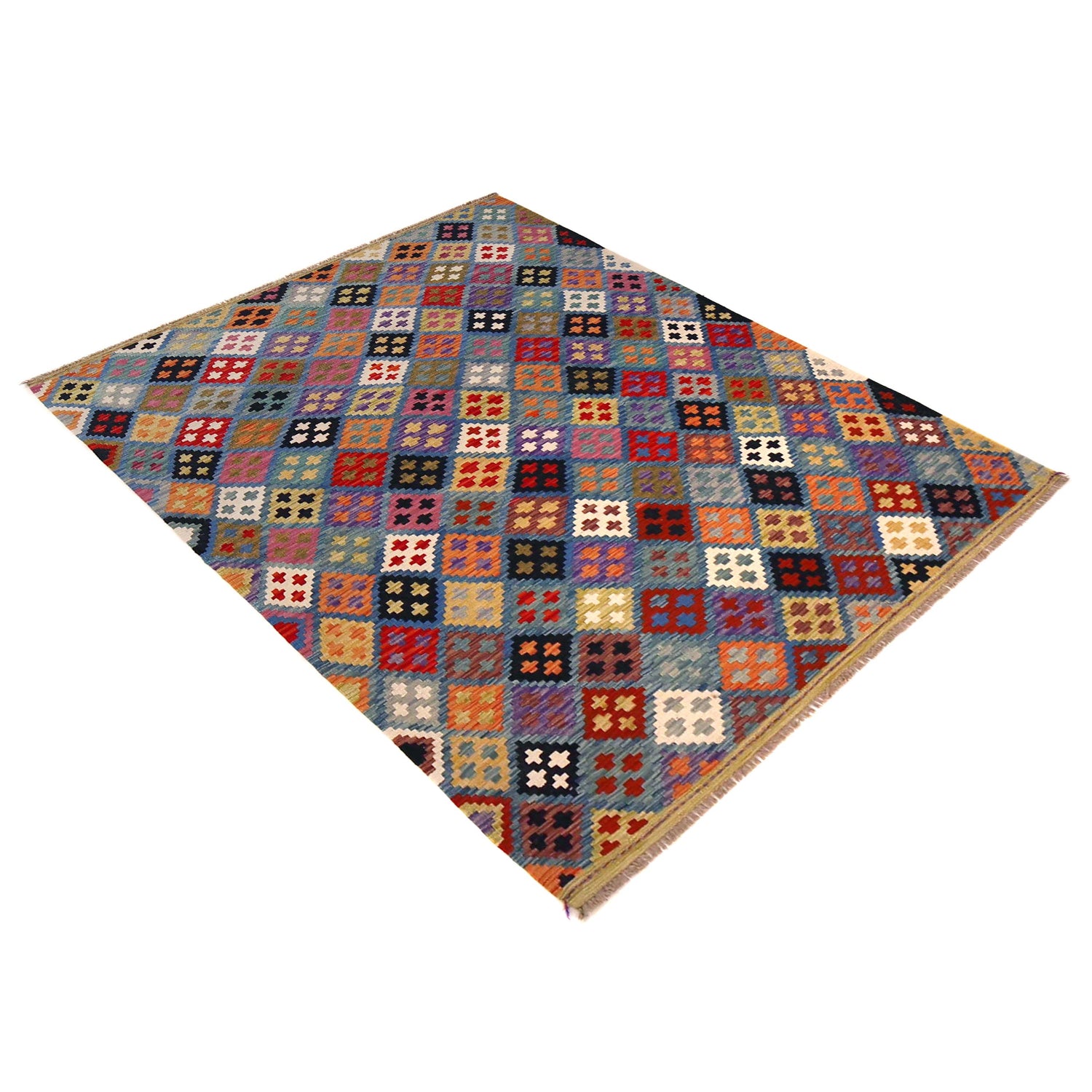 Multi Color ful Flat-Weave Wool Kilim 5' 1" x 6' 8" ft / 156 x 204 cm - No. P36420