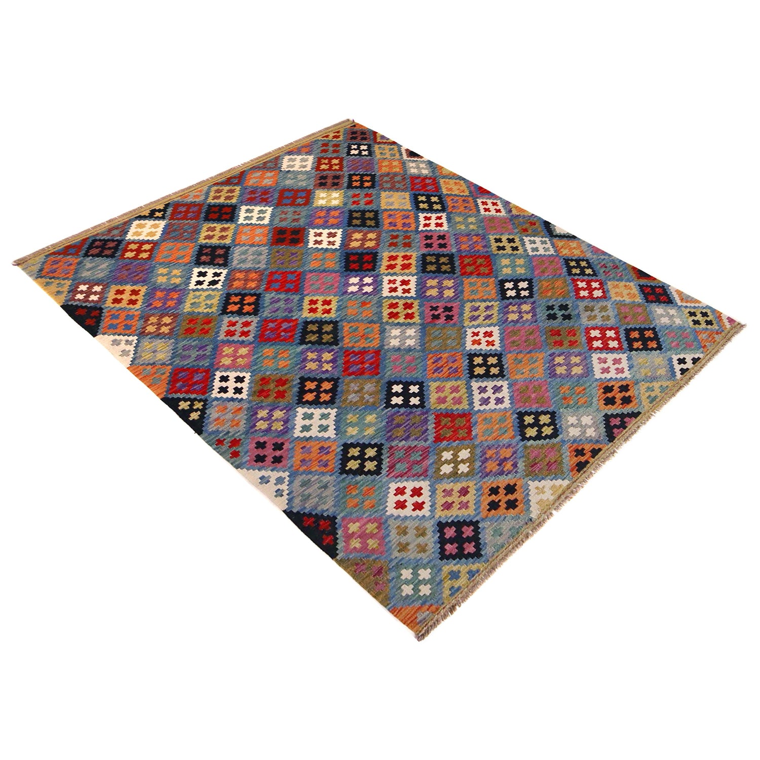 Multi Color ful Flat-Weave Wool Kilim 5' 1" x 6' 8" ft / 156 x 204 cm - No. P36420