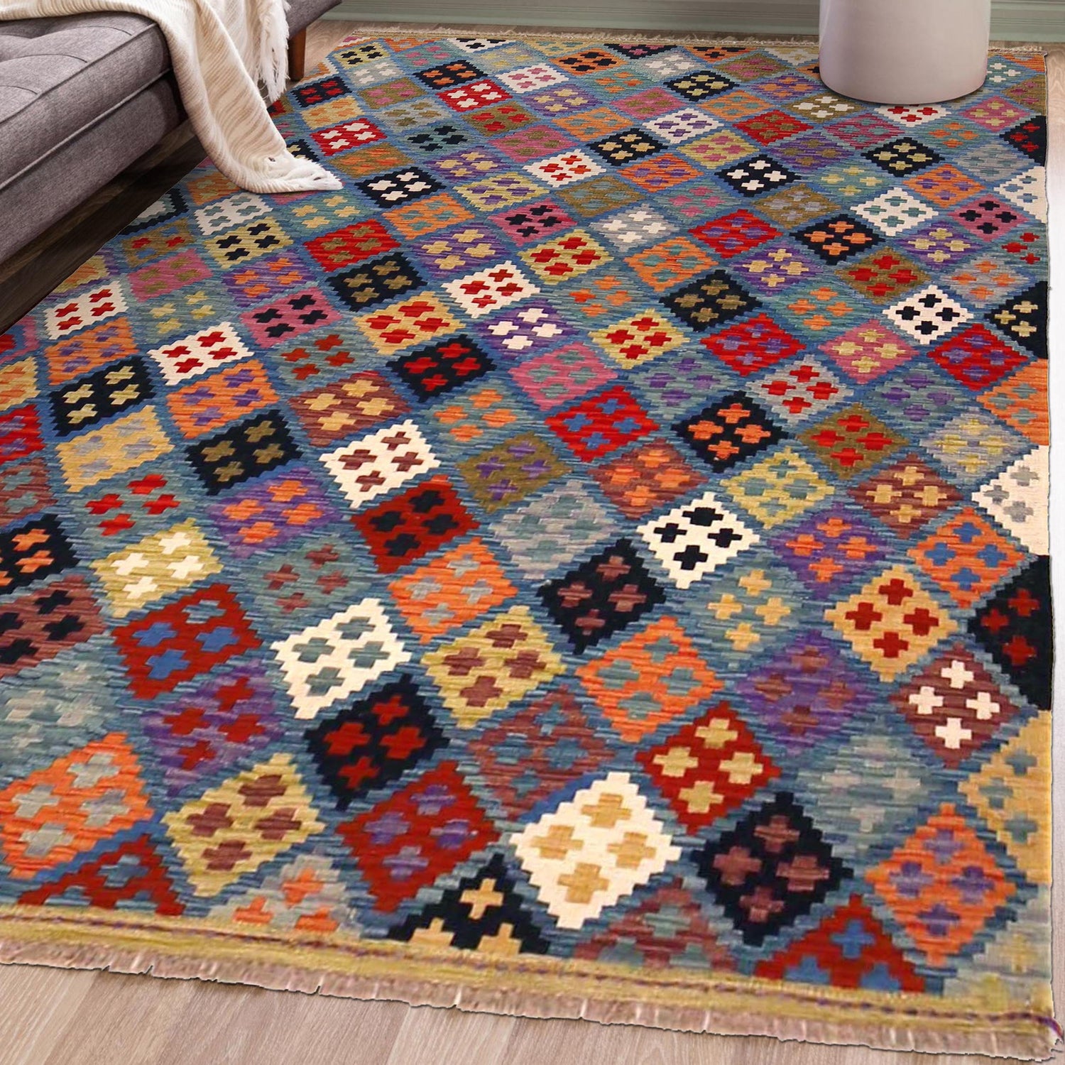 Multi Color ful Flat-Weave Wool Kilim 5' 1" x 6' 8" ft / 156 x 204 cm - No. P36420