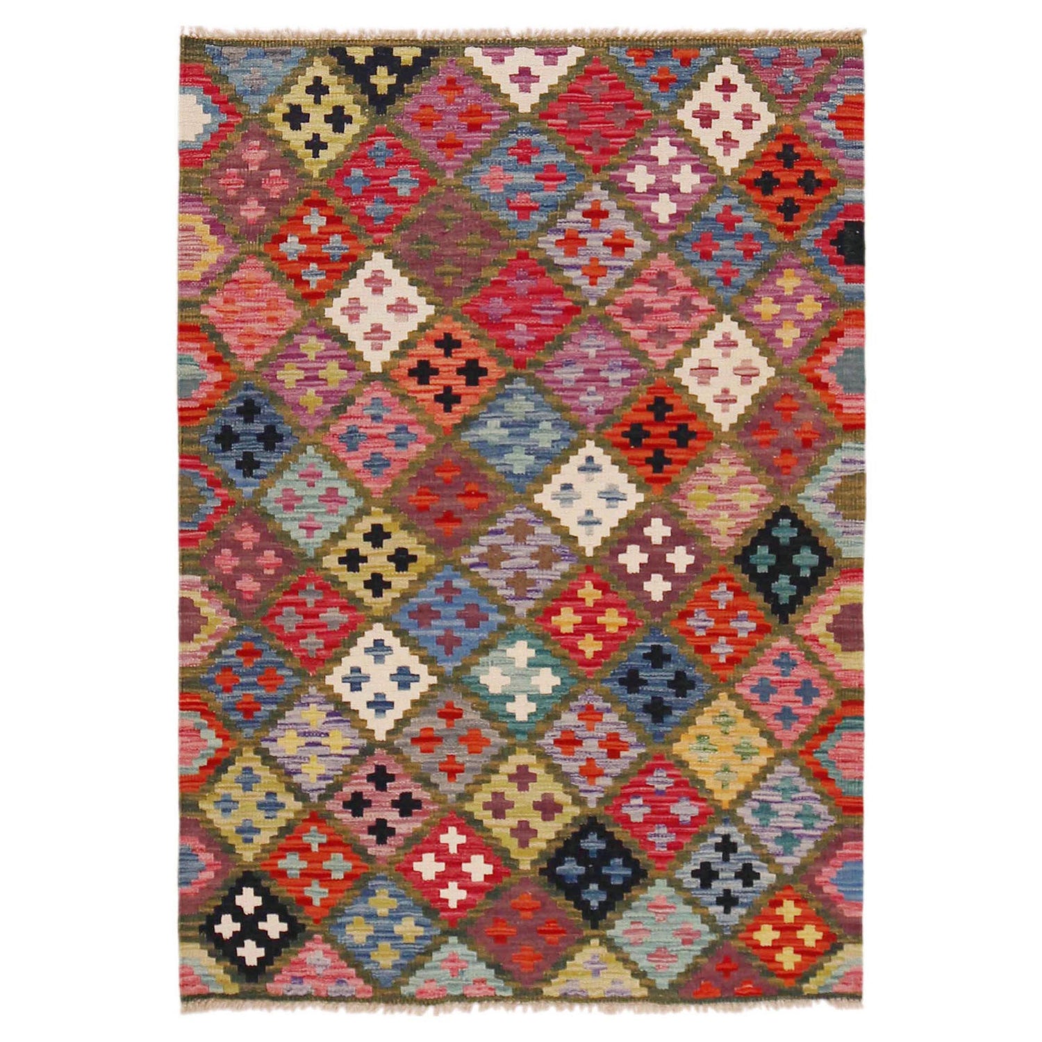 Multi Color ful Flat-Weave Wool Kilim 3' 3" x 4' 10" ft / 100 x 147 cm - No. P36450